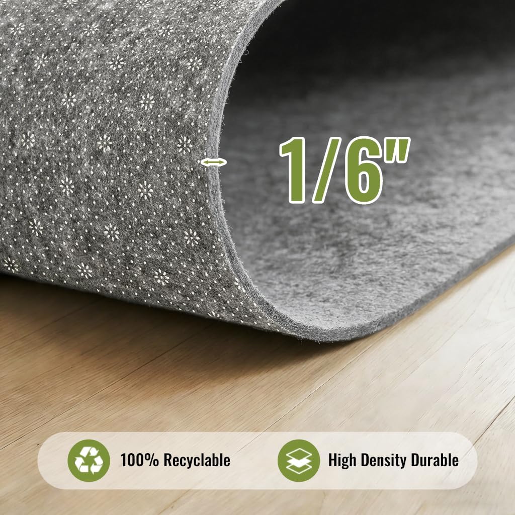 Felt Rug Pad with Gripper Dots, 9x12 Ft Non-Slip Rug Underpad with PVC Backing, 1/6' Thick Cushioned Carpet Pad Gripper for Hardwood Floors, Vinyl & Tile, Under Rug Padding Floor Protection