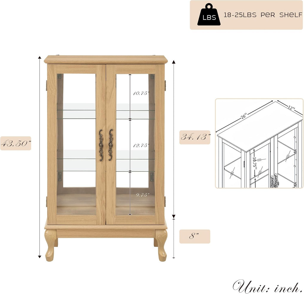 44' Small Lighted Glass Accent Curio Cabinet, Vintage China Cage with 2 Tempered Glass Doors & Adjustable Shelves, Acrylic Mirrored Pane, Elegant Wine Artwork Showcase Rack for Living Room (Oak)