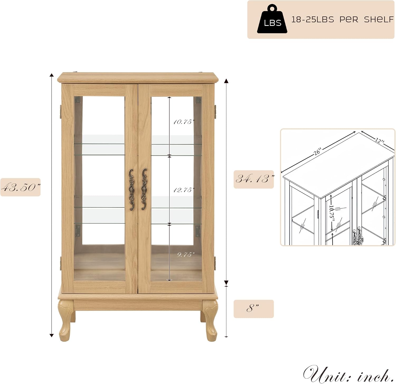 44' Small Lighted Glass Accent Curio Cabinet, Vintage China Cage with 2 Tempered Glass Doors & Adjustable Shelves, Acrylic Mirrored Pane, Elegant Wine Artwork Showcase Rack for Living Room (Oak)