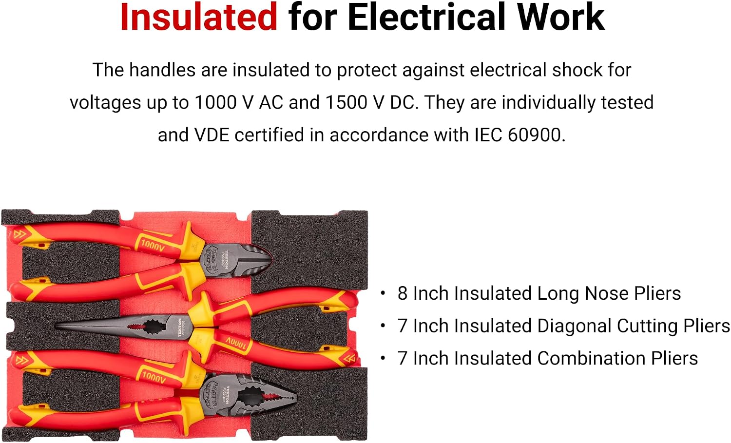 TEKTON Insulated Pliers Set with Mini Stacking Tool Box, 3-Piece (Combination, Long Nose, Diagonal Cutting) | PLR96002