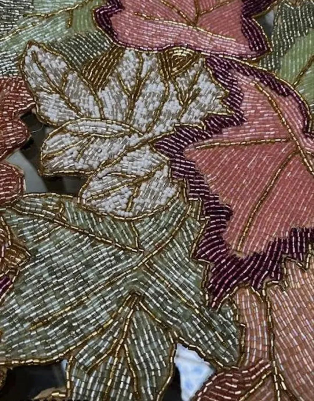 Beaded Table Runner, Floral Design, Pink Green Cream, Handcrafted Decorative Accent