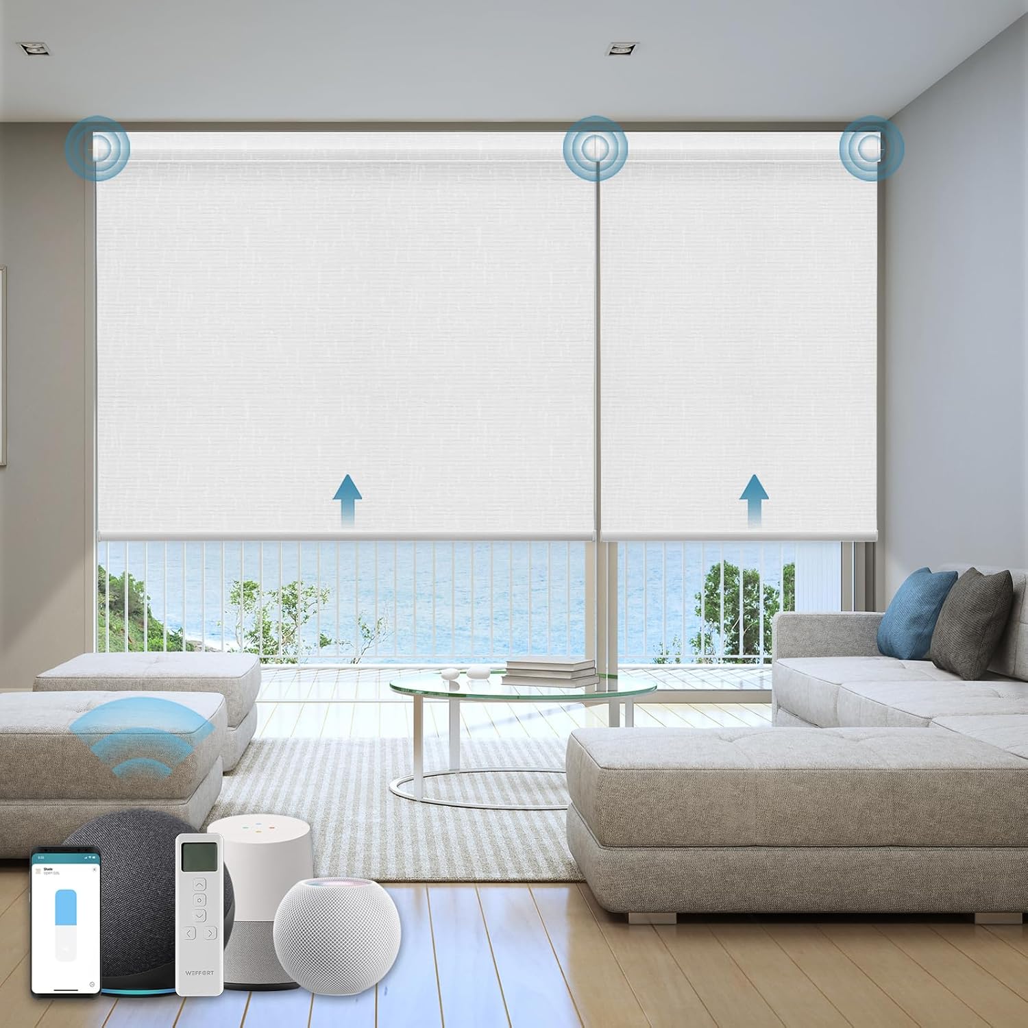 Motorized Roller Shade, 100% Blackout Smart Window Blinds Work with Homekit, Alexa, Google Home, Remote Control, Electric Blinds with USB/Solar Pannel Charging, Texture White