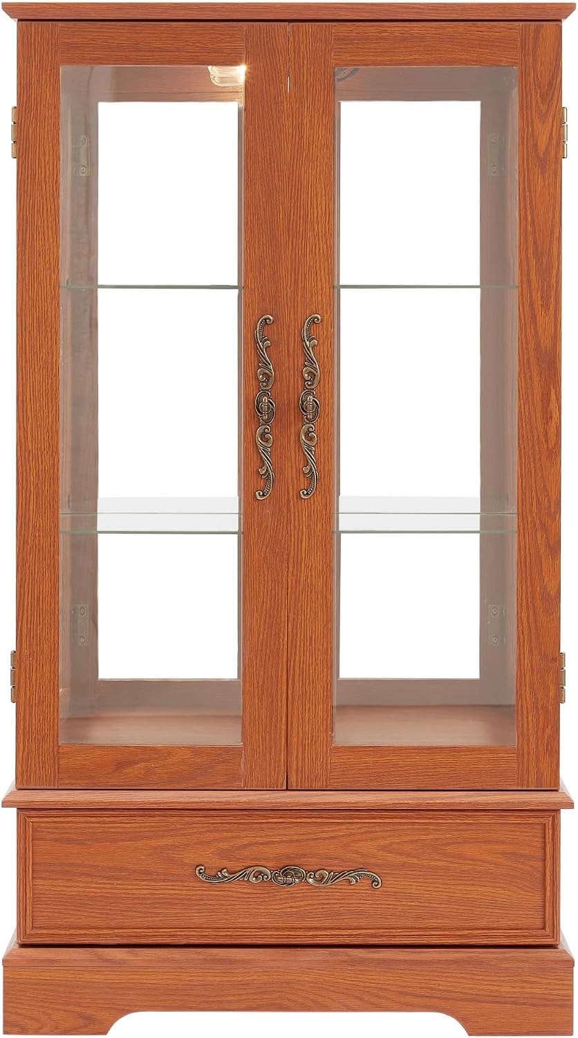 47' Lighted Glass Accent Curio Cabinet, 3-Tier Antique Storage Cage with Adjustable Shelves & Drawer, Acrylic Mirrored Pane, Light Blub Included, Small China Cabinet for Living Room/Kitchen (Dark Oak)