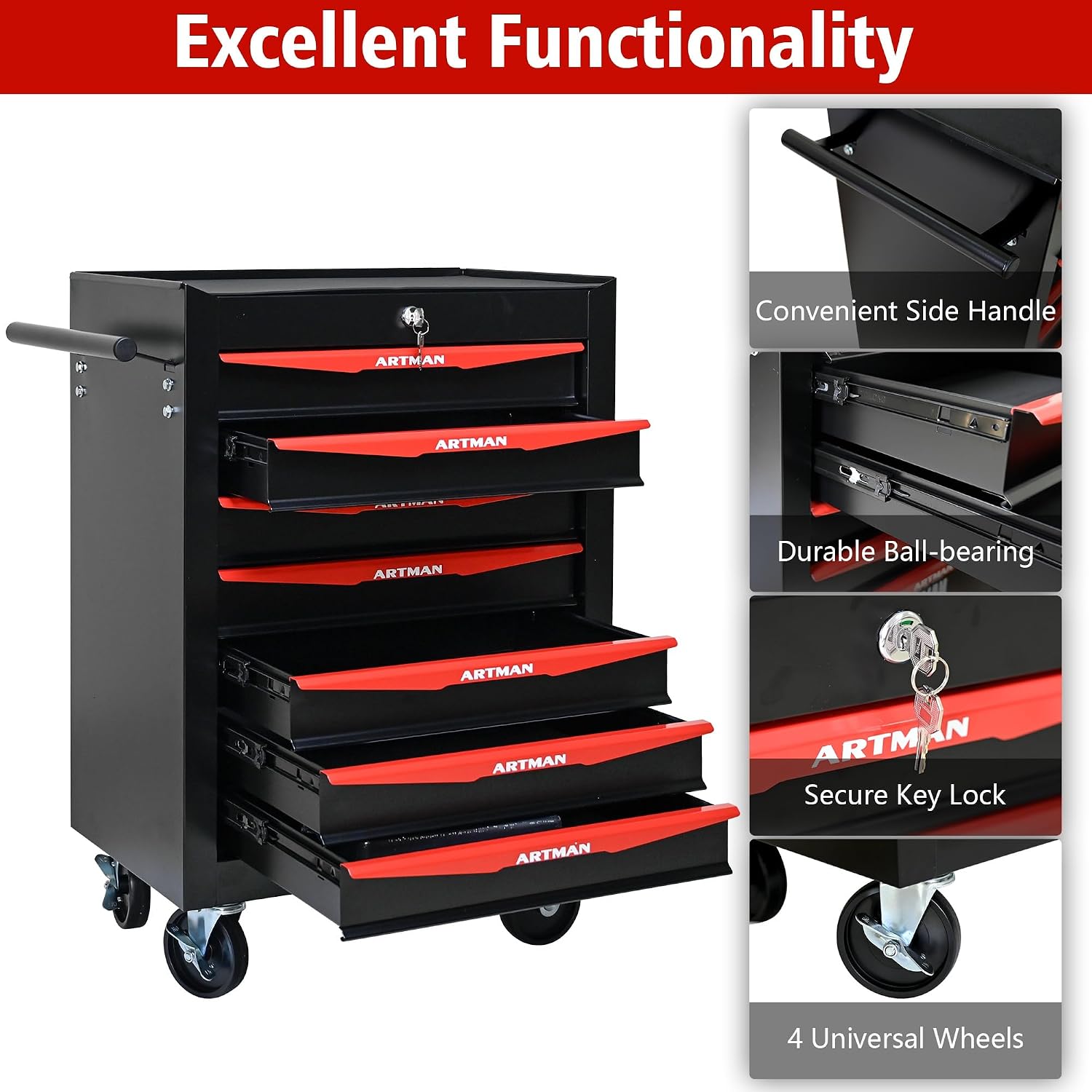 Rolling Metal Tool Chest with 7 Drawers – 20' Steel Tool Storage Box Organizer with Ball Bearing Slides & Lockable Mobile Cabinet on Wheels(Black+Red)