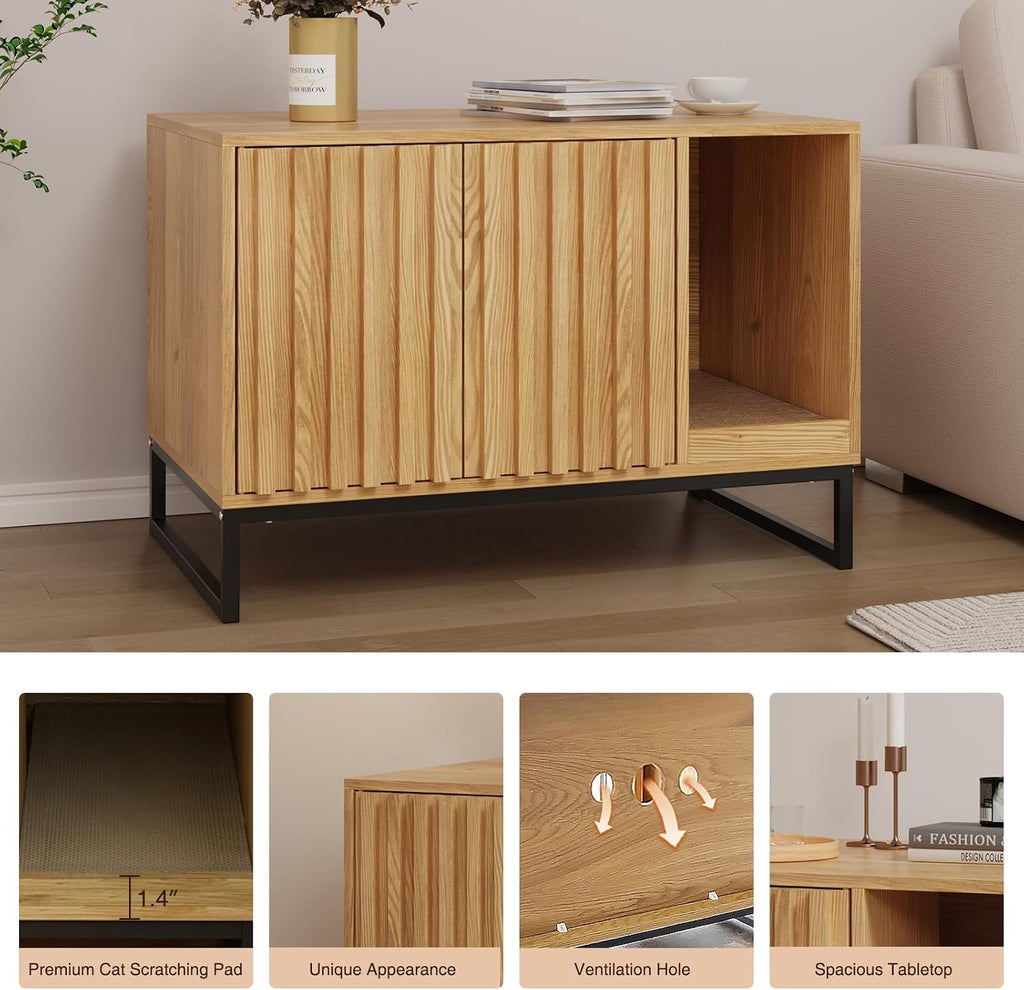 Halitaa Litter Box Enclosure, Modern Cat Litter Box Enclosure Furniture Hidden Litter Box with Scratch Pad, Cat Washroom House End Table, Entryway Bench for Livingroom (Natural)