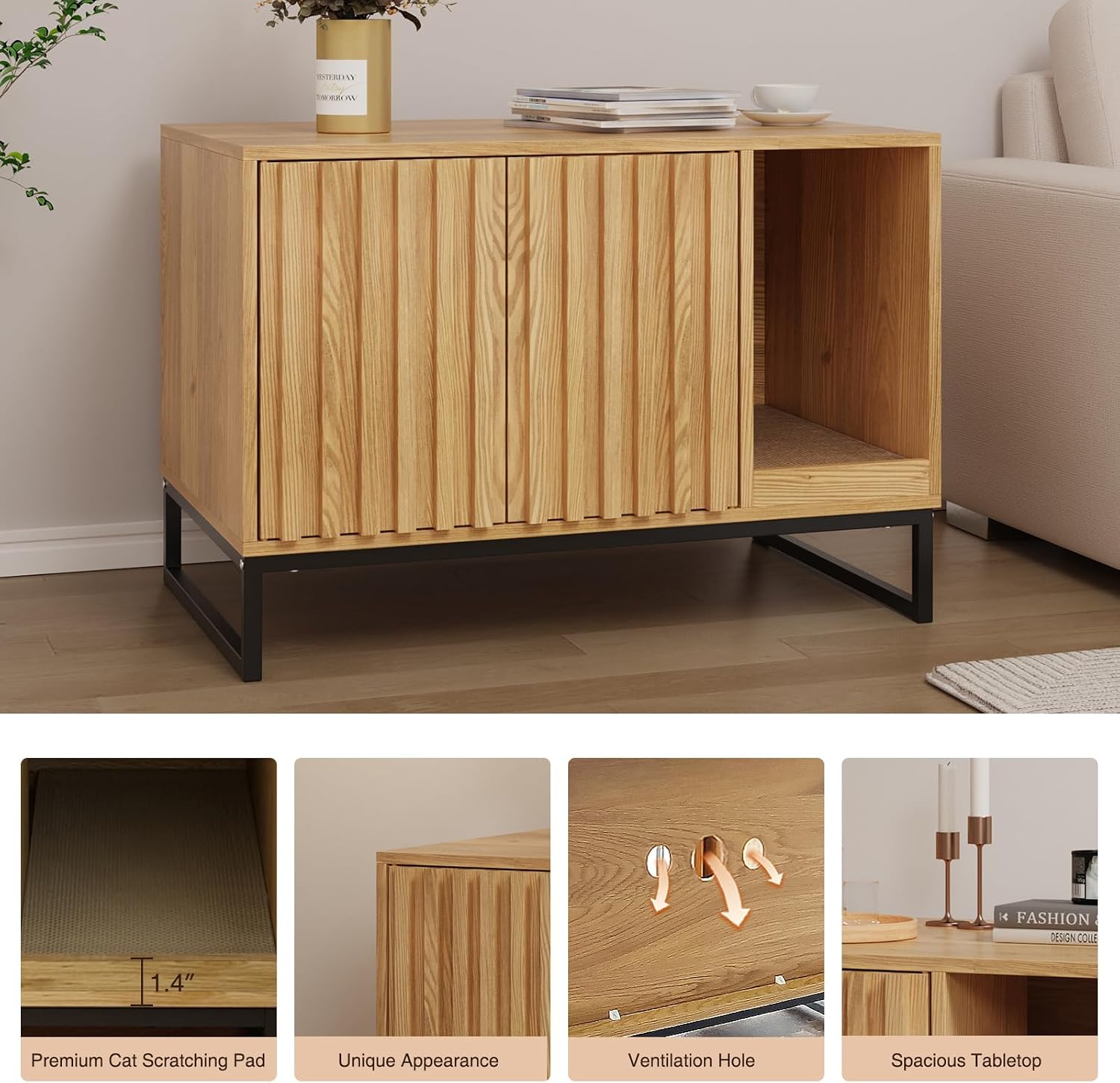 Halitaa Litter Box Enclosure, Modern Cat Litter Box Enclosure Furniture Hidden Litter Box with Scratch Pad, Cat Washroom House End Table, Entryway Bench for Livingroom (Natural)