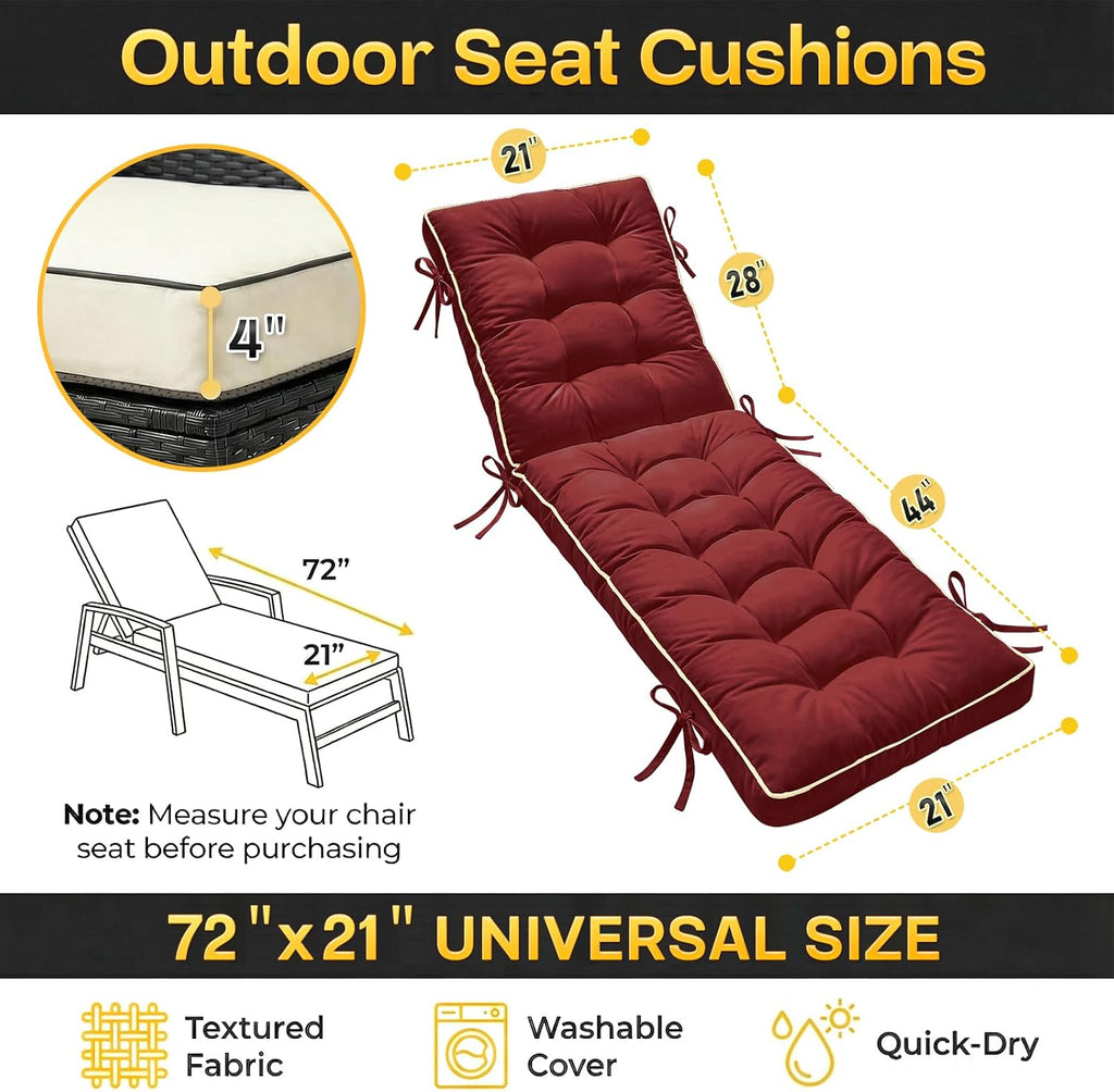 2 Pack 72x21 Inch Folding Chaise Lounge Cushion Quick Dry - Outdoor Sun Lounger Seat Pad with Shredded Foam for Patio Furniture, Deck Chairs, Poolside (RED, 72 INCH × 21 INCH-2 Pack)