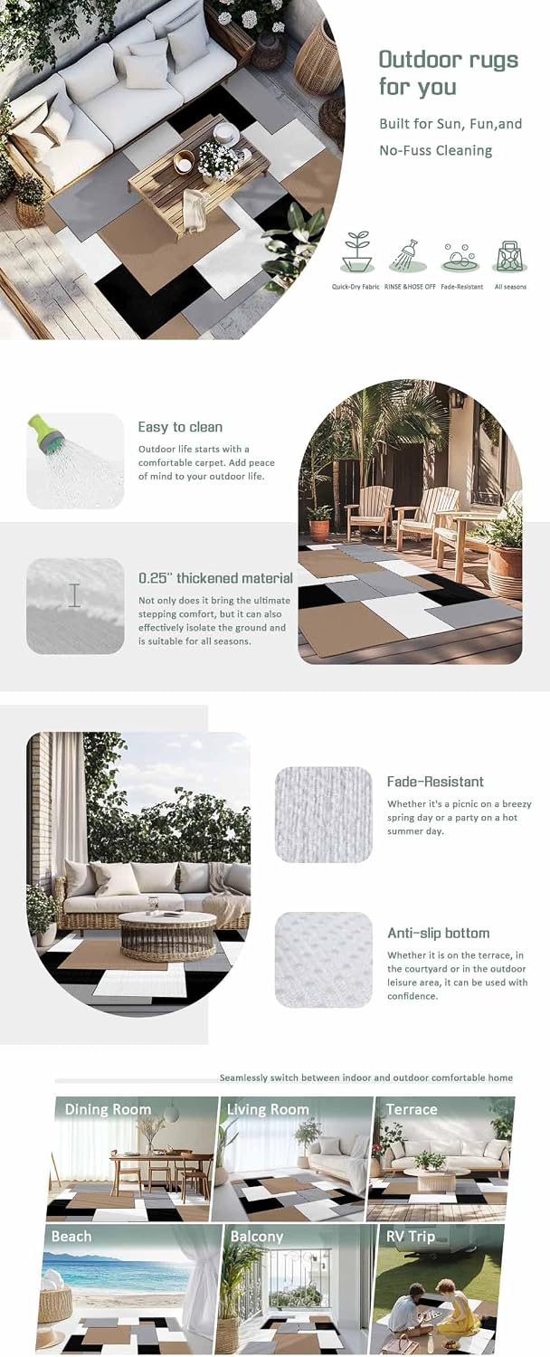 Outdoor Rug 4x6ft Minimalist Art Geometric Check Color Blocks Patio Area Rugs Waterproof Easy Cleaning Non Shedding Thick Mats Colorful Carpet for Indoor Outdoor Porch Deck Backyard Balcony