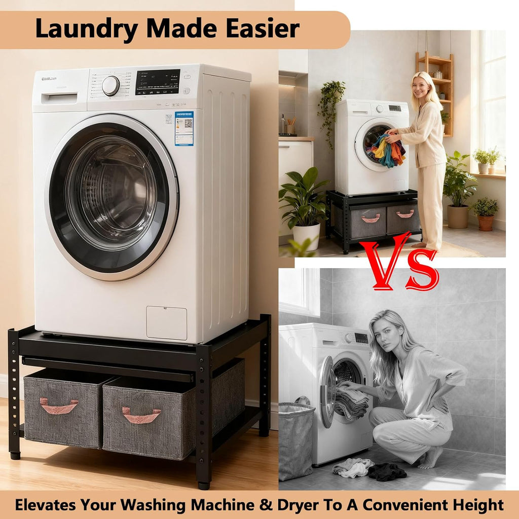 Washer and Dryer Pedestals, 28x28x16inch Universal Washing Machine Stand with Laundry Basket Shelf, Portable Storage Bag, Adjustable Feet and 4 Silicone Pads, 800LBS Capacity