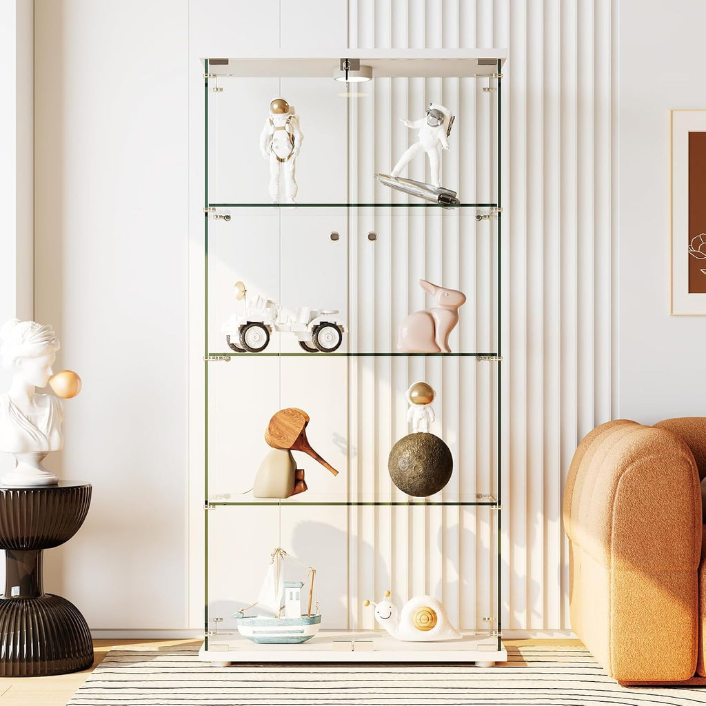 4-Tier 64.6h' Tempered Glass Display Cabinet (White) - Full-Glass Curio Case with 13-Color LED Lights & Human Body Sensor, 17.6LBS/Layer Capacity, Quick-Install Storage for Collectibles & Decor