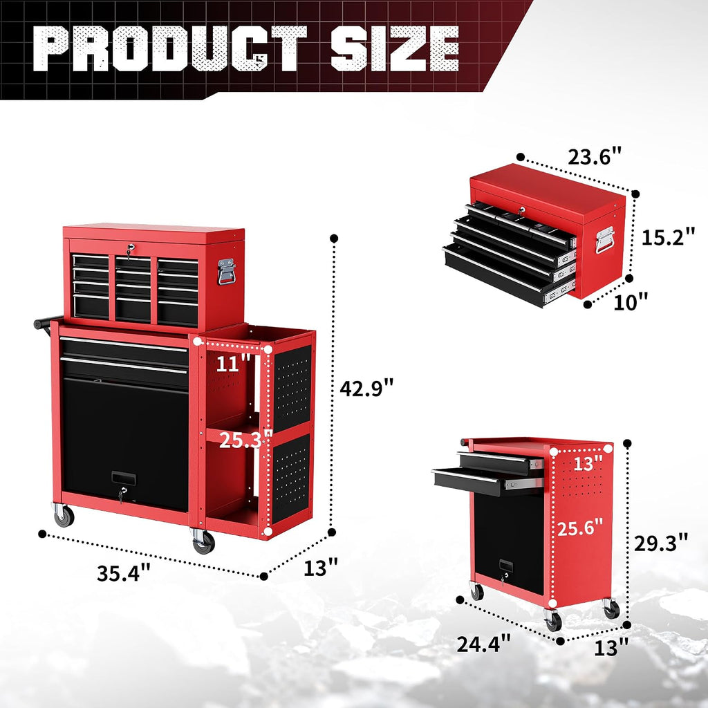Metal Tool Chest, 8 Drawer Rolling Tool Chest with Wheels, Assembled Tool Storage Cabinet with Locking, Sliding Drawers & Detachable Top Tool Box, for Repair Room Warehouse Garage Workshop, Red