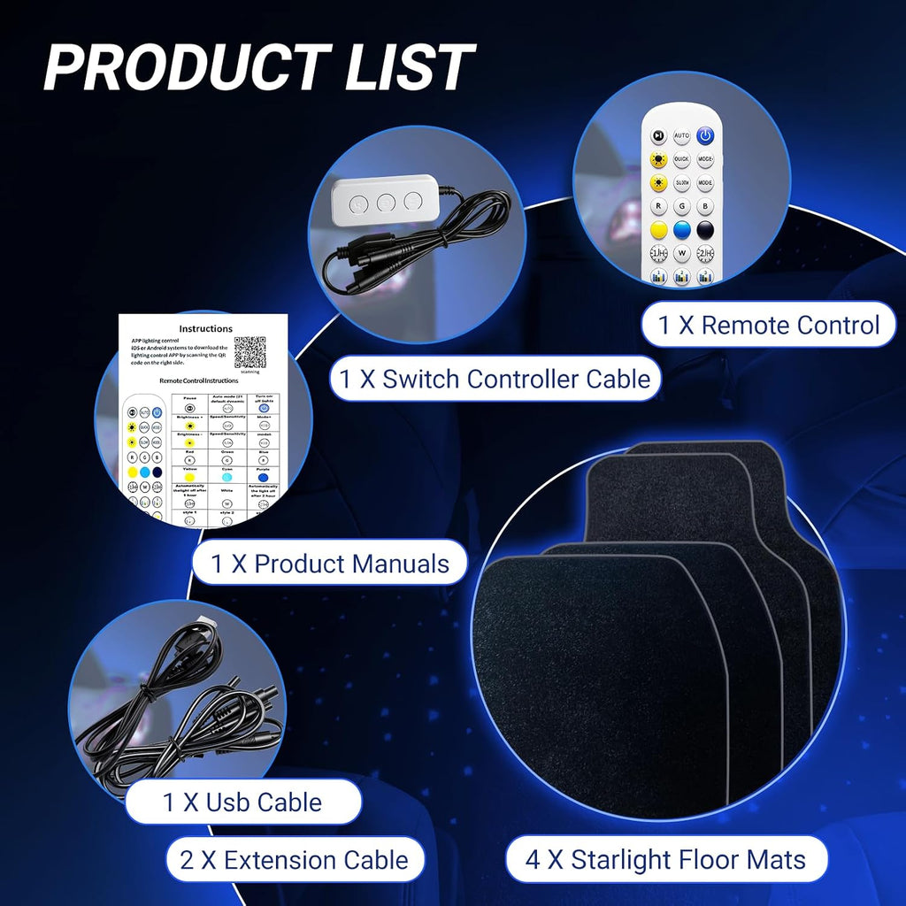 Starlight LED car Floor mat - Universal Type, Equipped with Remote Control Environment RGB Lighting kit, Waterproof and Washable, Vehicle Multi-Color Starlight Effect, Creating a Romantic Atmosphere