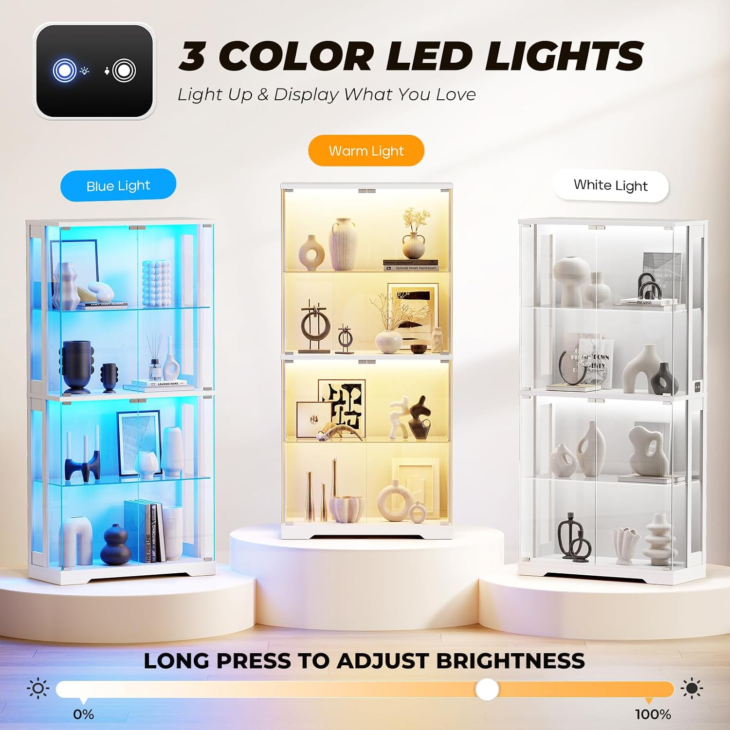 Display Cabinet with Glass Doors, 4-Tier Curio Cabinet with Transparent Full-Display Surface, 65' Glass Display Case with 3 Color Lights for Collectibles, Clear Case with Human Sensor White