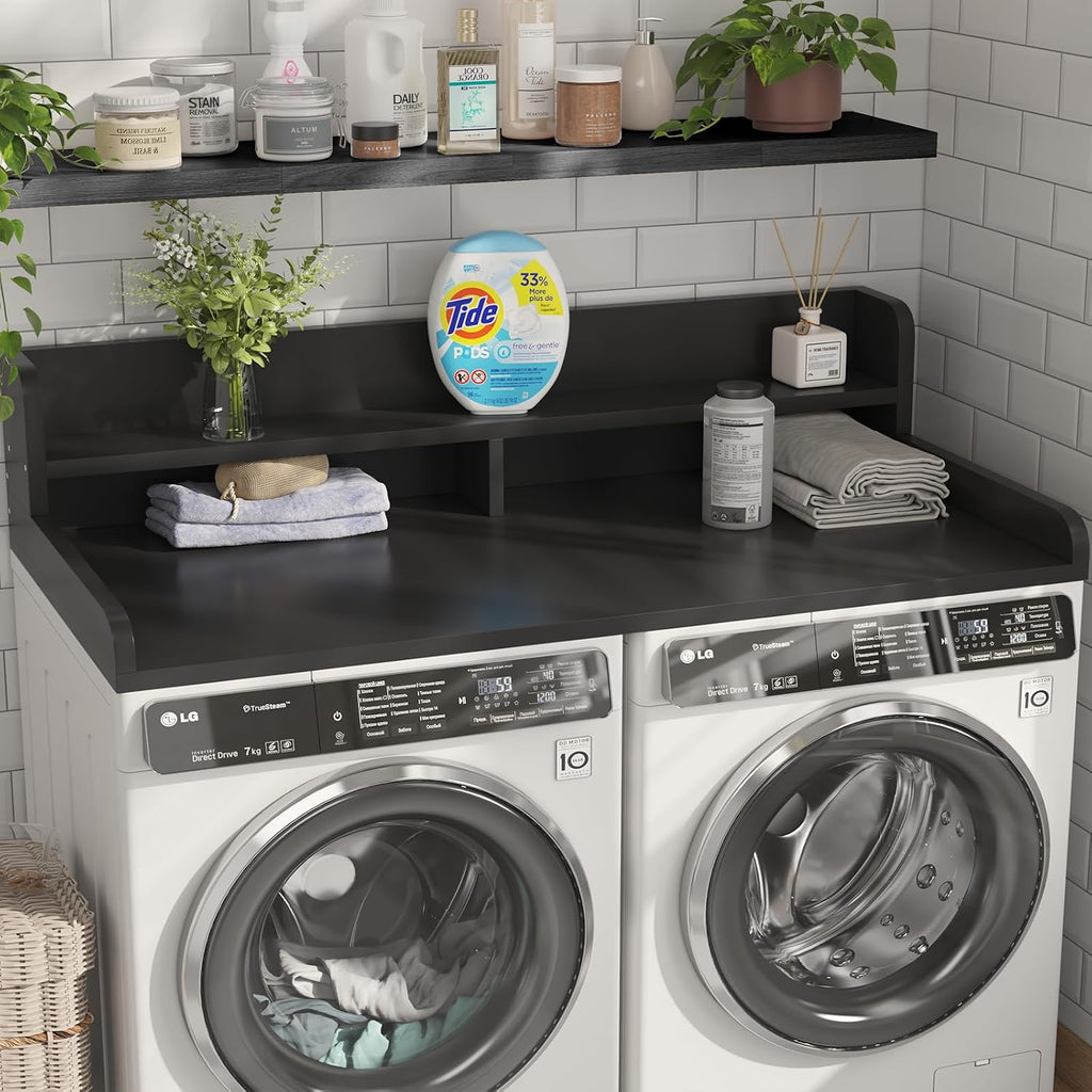 2-Tier Washer Dryer Countertop with 2.75' H Edge Rails, 58' W x 28' D Laundry Countertop for Folding Clothes, Washer and Dryer Topper with Non-Slip Pad (Black)