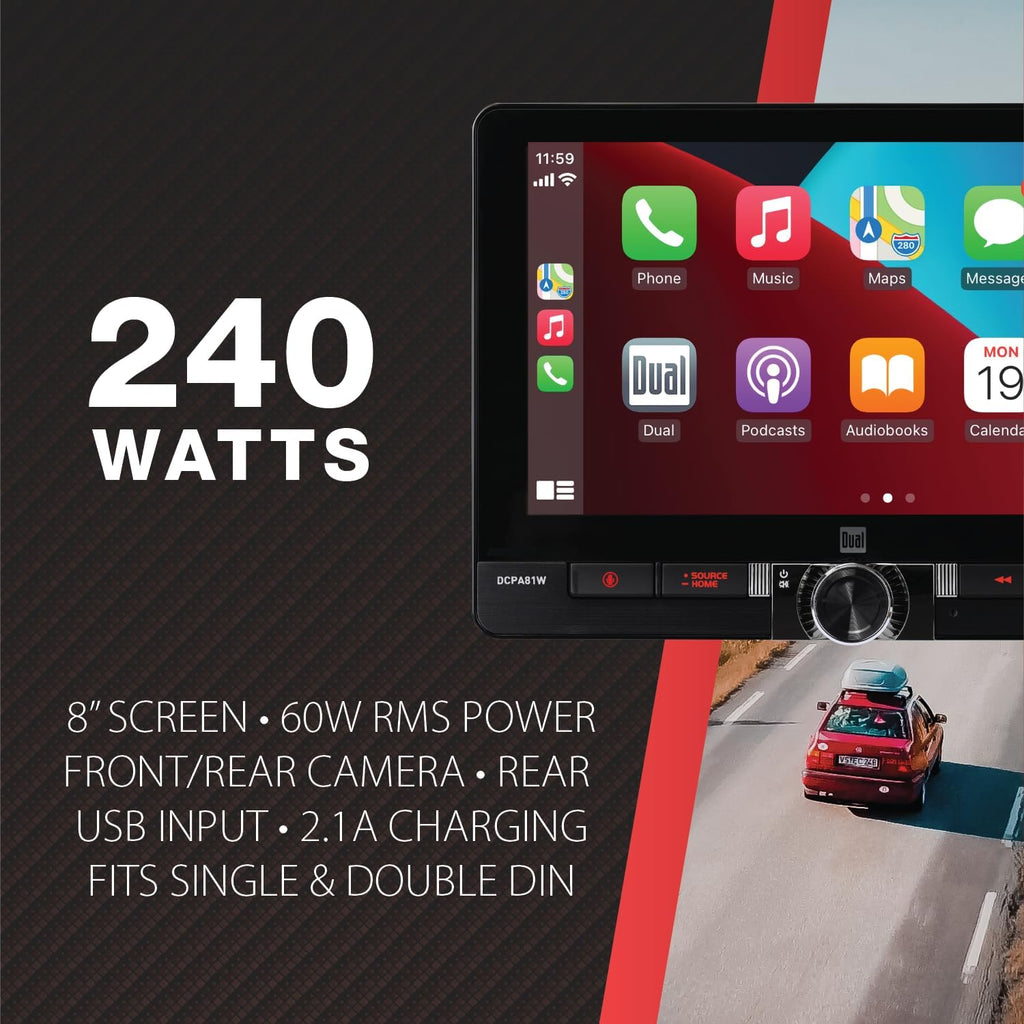 Dual Electronics DCPA81W 8-inch Certified Apple CarPlay Android Auto Wired or Wireless | Single DIN and Double DIN Touchscreen Car Stereo | Bluetooth | Front and Rear Camera Inputs | USB Charging