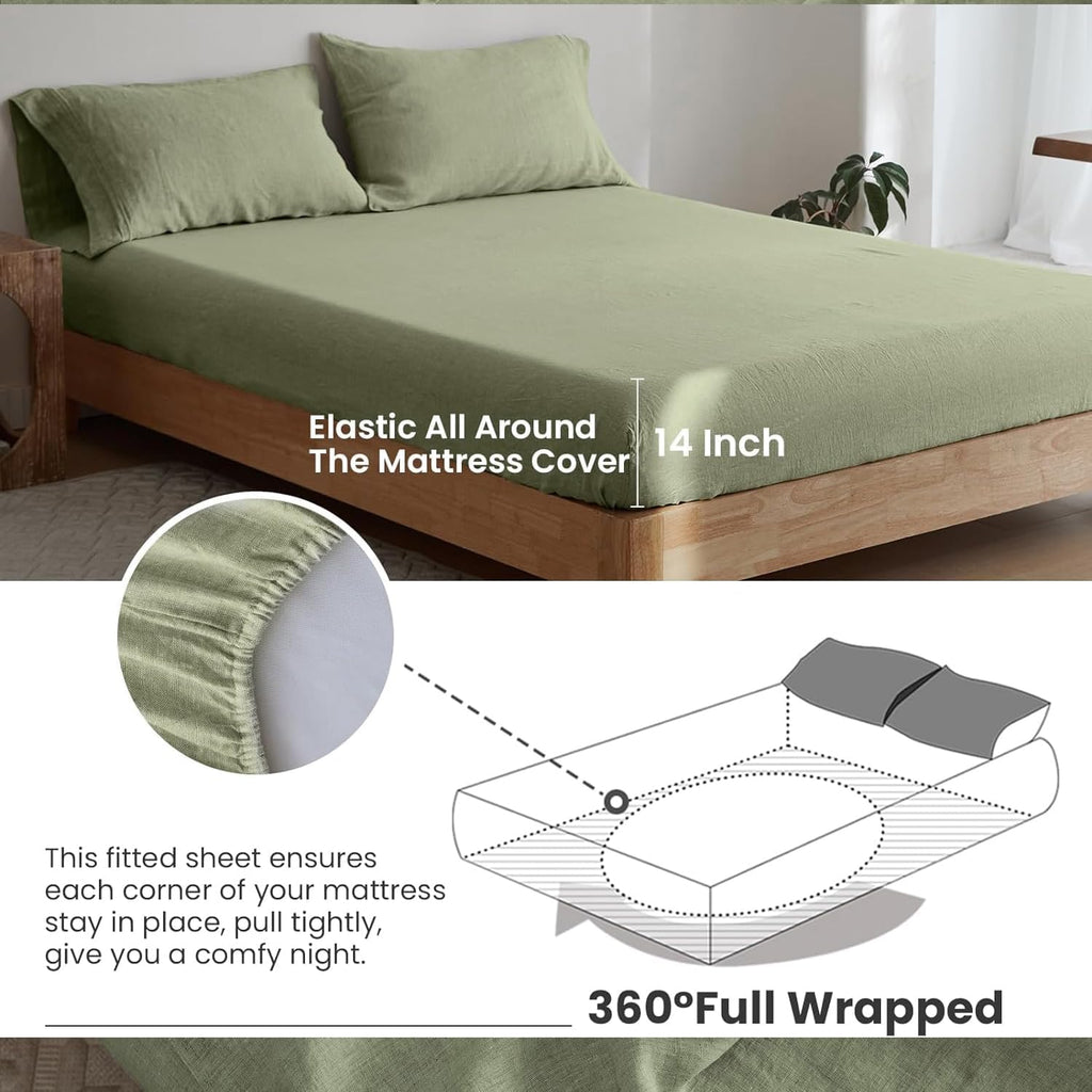 Simple&Opulence 100% Linen Sheet Set 4 Pieces Natural France Flax Bed Sheet (1 Flat Sheet, 1 Fitted Sheet, 2 Pillowcases) Breathable Luxury Hotel Bedding - Embroidery Sage Green, King Size