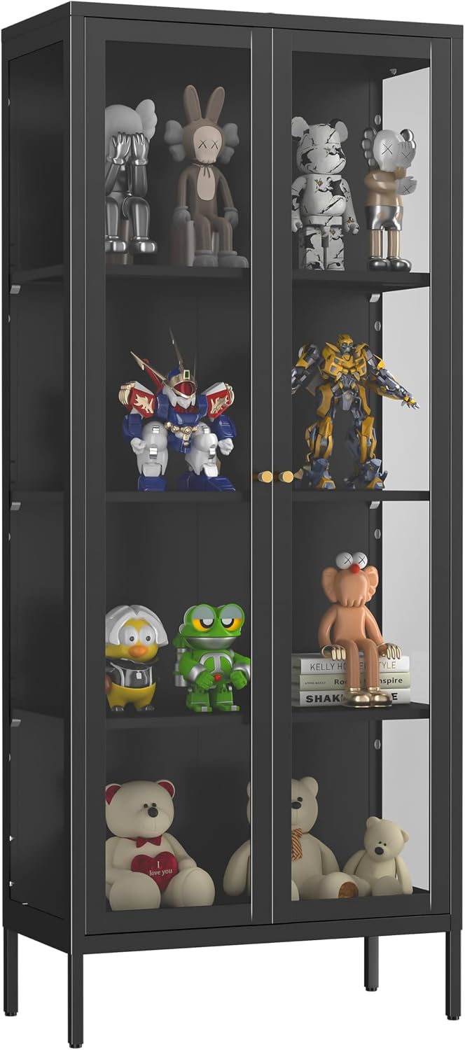 SteeLoong 66' Display Cabinet with Tempered Glass,Metal Curio Cabinet with Glass Doors,4-Tier Display Case for Collectibles,Trophy,Plant,Black Storage Cabinets for Living Room - Assemble Required