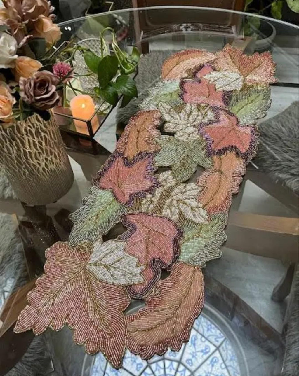 Beaded Table Runner, Floral Design, Pink Green Cream, Handcrafted Decorative Accent