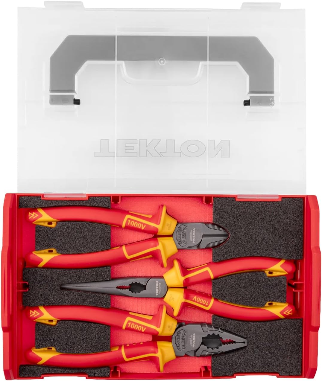 TEKTON Insulated Pliers Set with Mini Stacking Tool Box, 3-Piece (Combination, Long Nose, Diagonal Cutting) | PLR96002