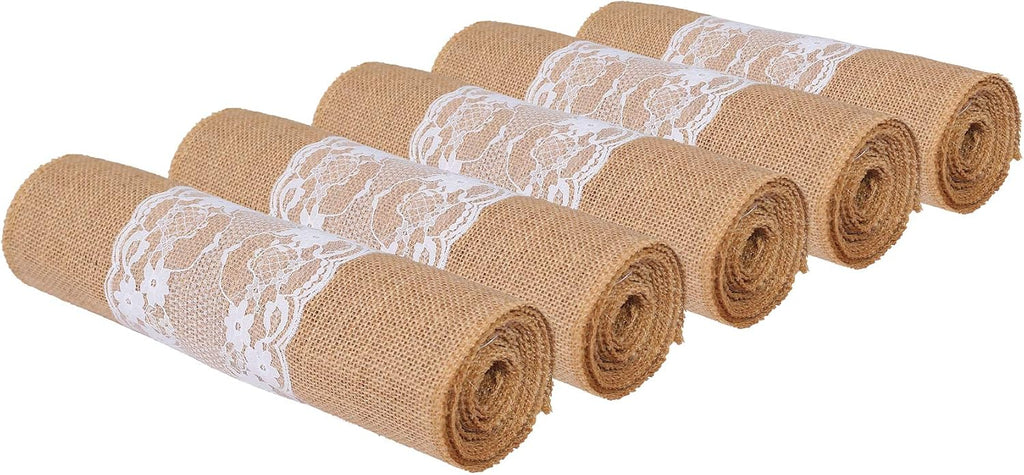 MDS Pack of 20 Wedding 12 x 108 inch Burlap Lace Hessian Table Runner Rustic Natural Jute Country Vintage for Wedding Banquet Decoration – Natural Lace Jute Burlap