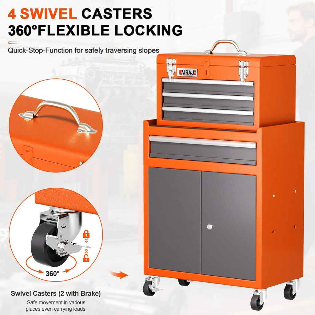 Tool Chest 4 Drawer,Large Rolling Tool Chest with Wheels,Detachable Top Tool Box,Metal Rolling Tool Box with Wheels for Garage Workshop,Orange