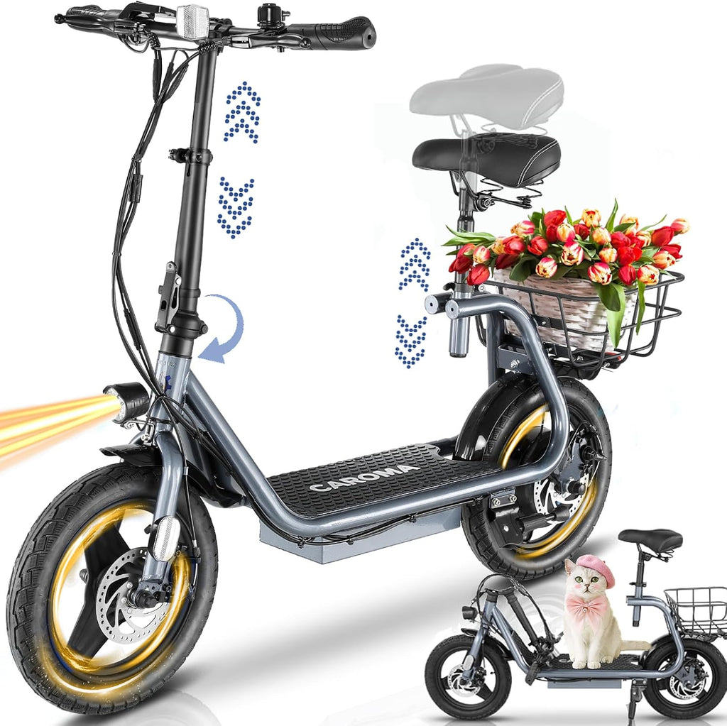 Caroma Electric Scooter with Seat for Adults, 1200W/800W Peak Motor, 30Miles Long Range & 20Mph, 14' Fat Tire Foldable E Scooter with Basket for Commuting, Grocery, Pets