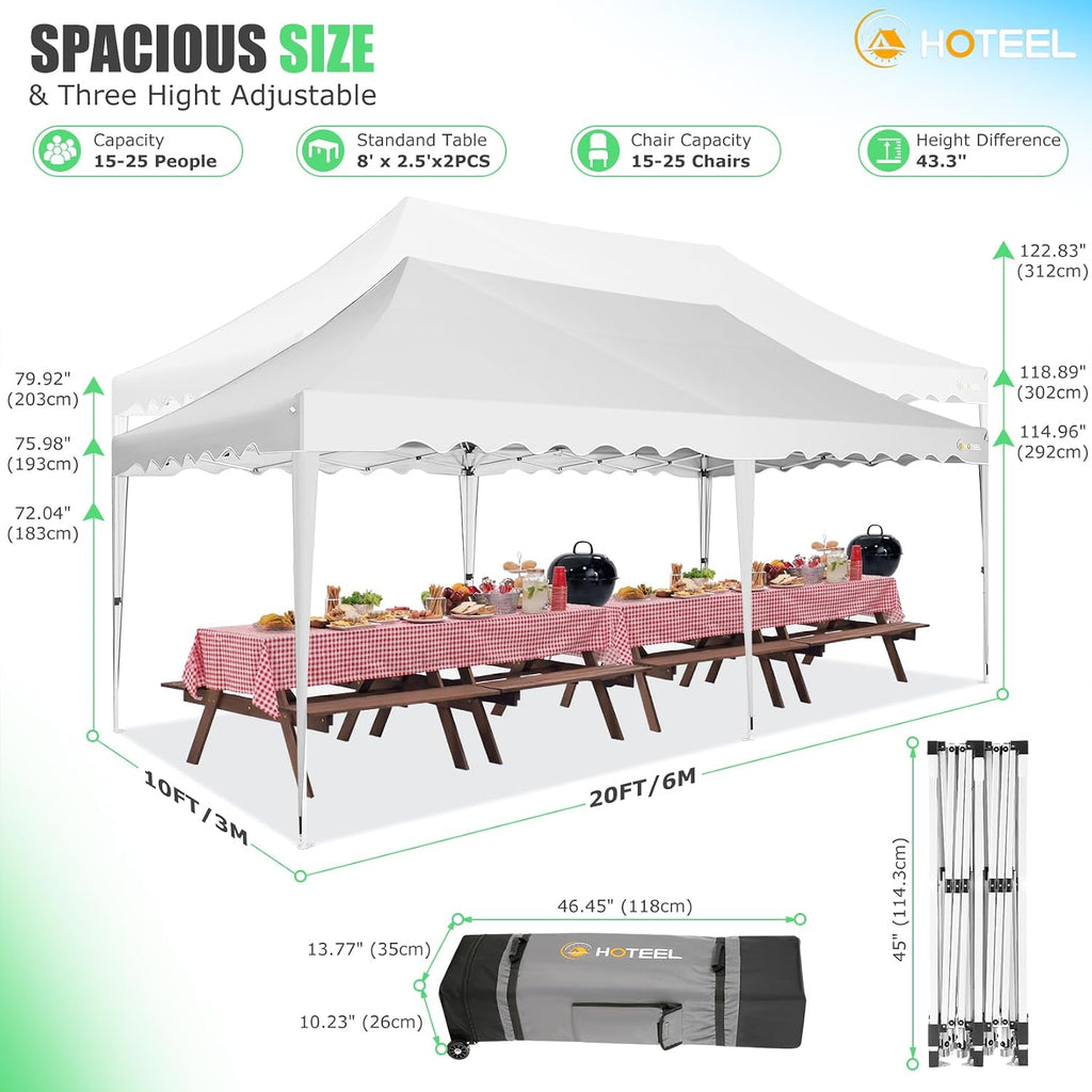 HOTEEL 10x20 Pop Up Canopy Tents for Parties, Outdoor Tent with 6 Sidewalls & Wheeled Bag & 4 Sandbags, Easy Setup for Wedding, Patio Events, Commercial, Party -Waterproof and UV50+ Protection, White