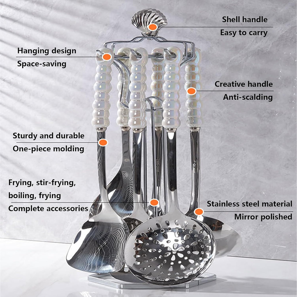 Kitchen Cooking Utensils Set Stainless Steel with Holder 7 Pcs High-Grade Metal Kitchenware Set Utensils with Heat Resistant Ceramic Handle BPA Free Dishwasher Safe, Silver