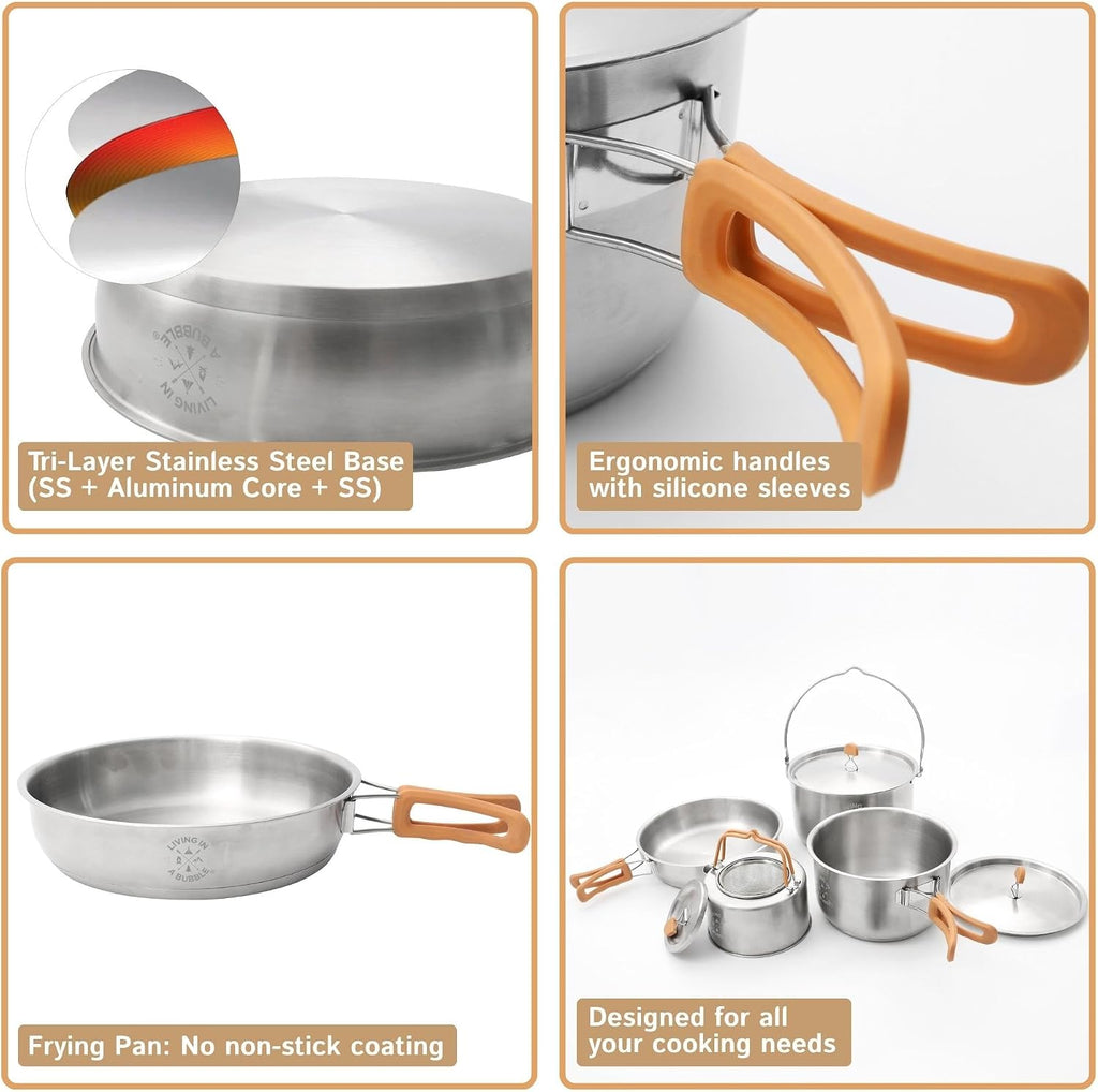 Living in a Bubble Premium 7-Piece Stainless Steel Cooking Set. Tri-layer Bonded Stainless-Steel - Ergonomic Handles with Silicone Sleeve - Compact & Stackable