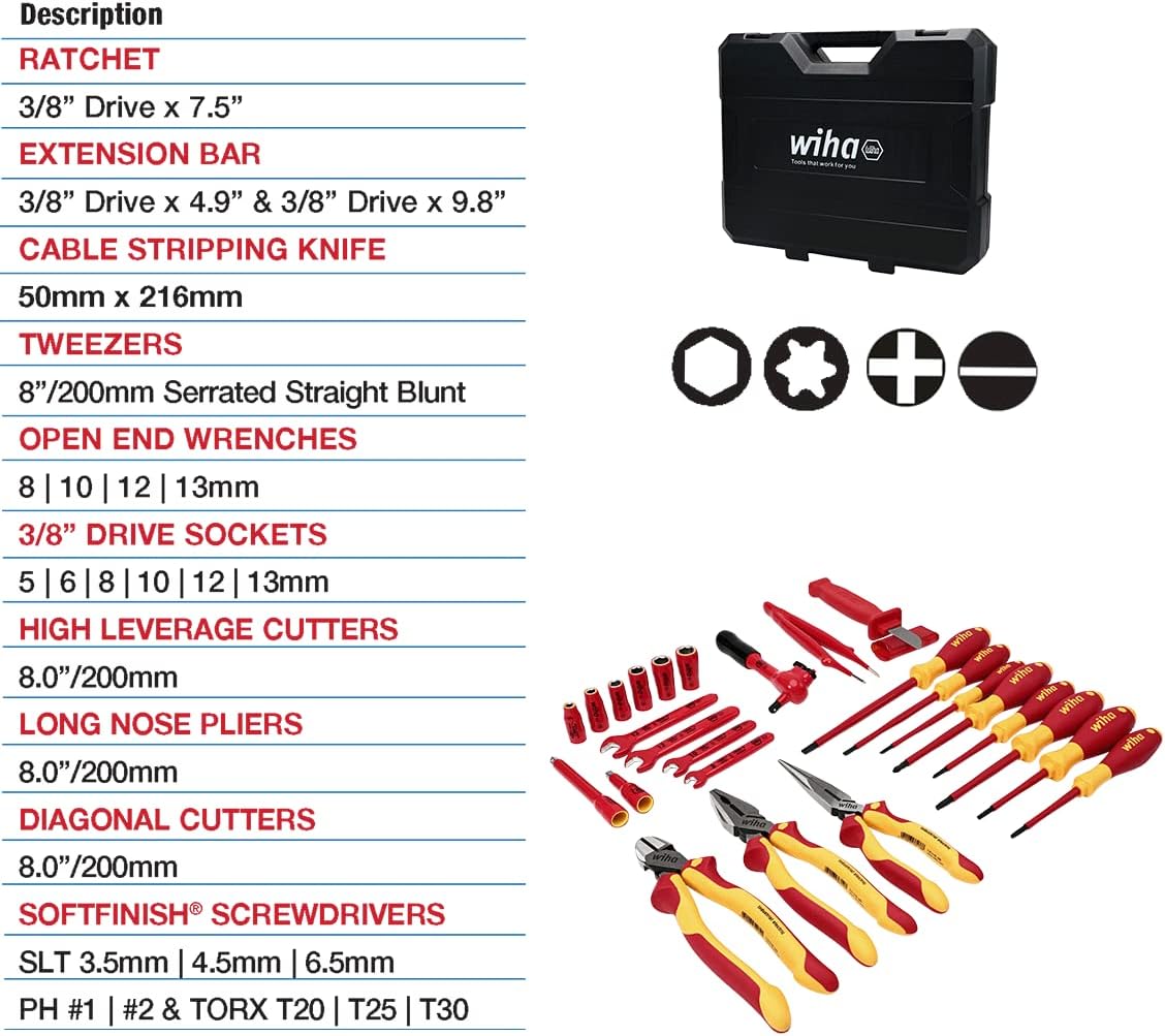 Wiha 91890 26-Piece Insulated EV & Hybrid Tool Set, 1000V VDE Rated, Sockets, Ratchets, Pliers, Screwdrivers