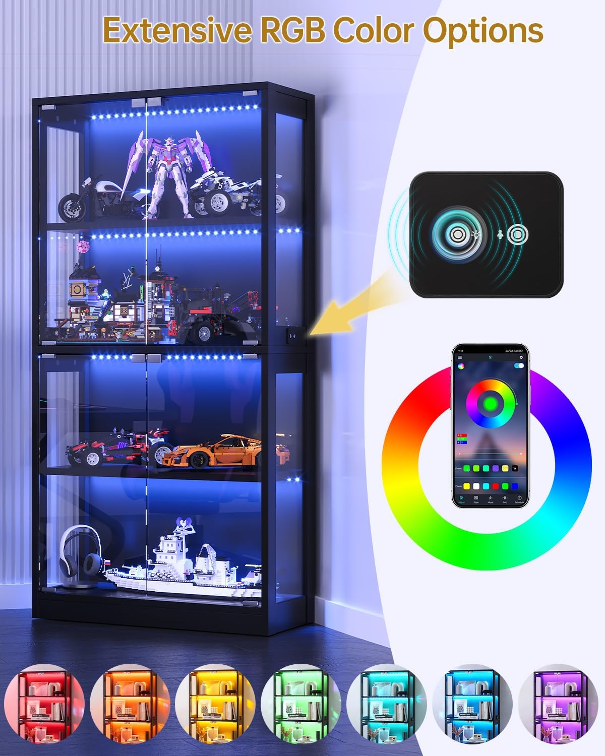 Glass Display Cabinet 2pcs, 65' Tall Display Case with RGB Lights Curio Cabinet with Glass Doors 4-Tier LED Storage Cabinet with Human Body Sensor & Press-To-Open for Collectibles Book Figure(Black)