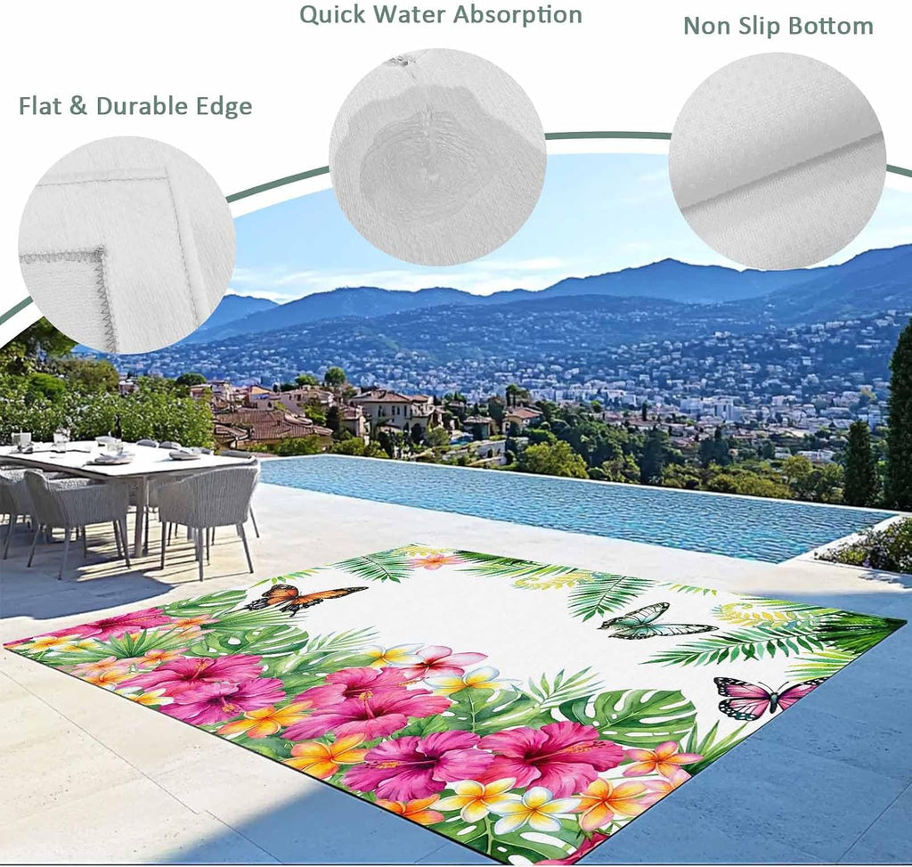 Outdoor Rug 6x9ft Summer Flower Leaf Butterfly Patio Area Rugs Waterproof Easy Cleaning Non Shedding Thick Mats Pastoral Floral Plant Carpet for Indoor Outdoor Porch Deck Backyard Balcony