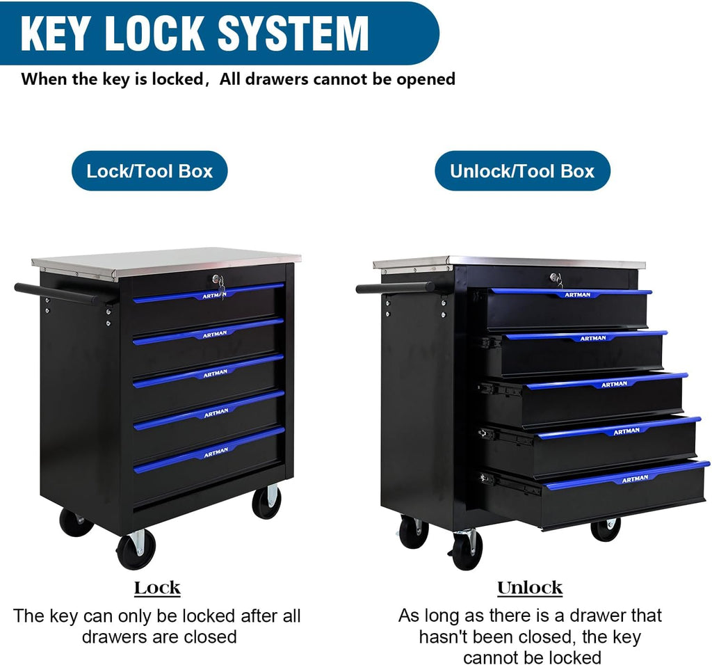 5-Drawer Rolling Tool Chest with Stainless Steel Countertop,Tool Chest with Secure Locking System,Mobile Storage Tool Cabinet with 360°Wheels and Padded Feet,for Home,Garage (Black+Blue)