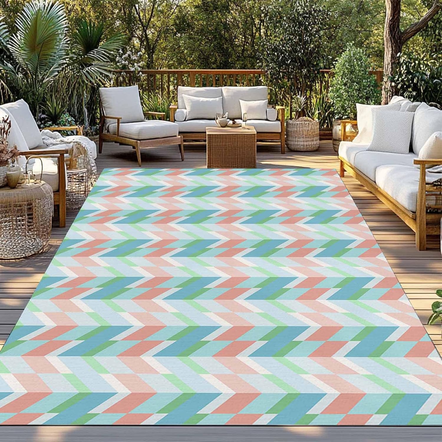 Outdoor Rug 4x6ft Abstract Geometric Herringbone Colorful Art Patio Area Rugs Waterproof Easy Cleaning Non Shedding Thick Mats Simplistic Carpet for Indoor Outdoor Porch Deck Backyard Balcony