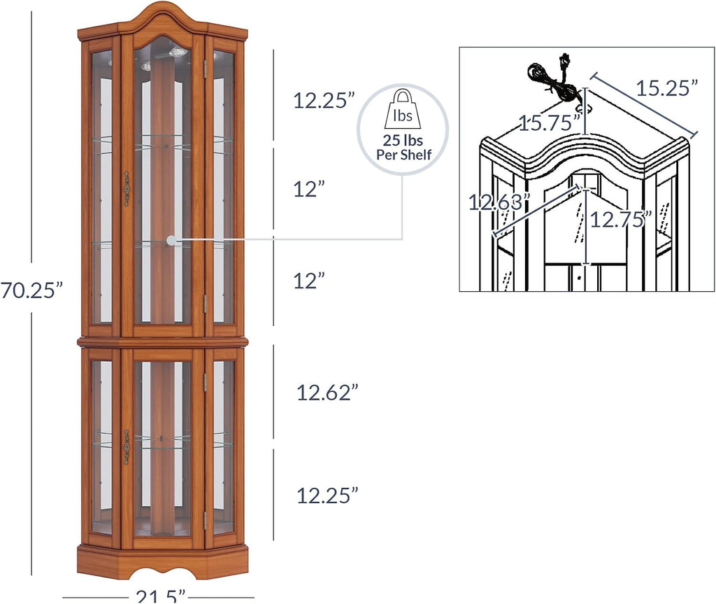 BELLEZE Lighted 3-Side Glass Display Curio Cabinet w/Tempered Glass Doors and Shelves, Curved Wood Corner Cabinet with Bulb, Corner Storage Rack for Living Room and Kitchen (Oak)