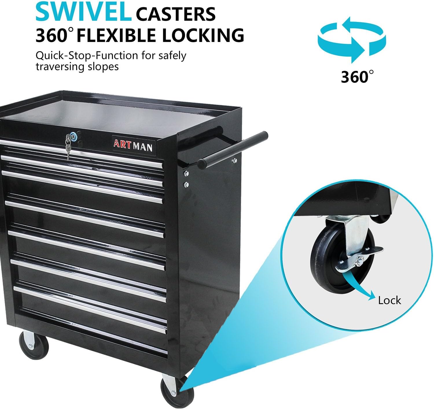 7-Drawer Tool Cart on Wheels, Drawers Rolling Tool Chest with Key Lock, Mobile Trolley Organizer Tools Box with Locking Wheels & Ball Bearing Drawers for Garage,Repair Shop (Black)