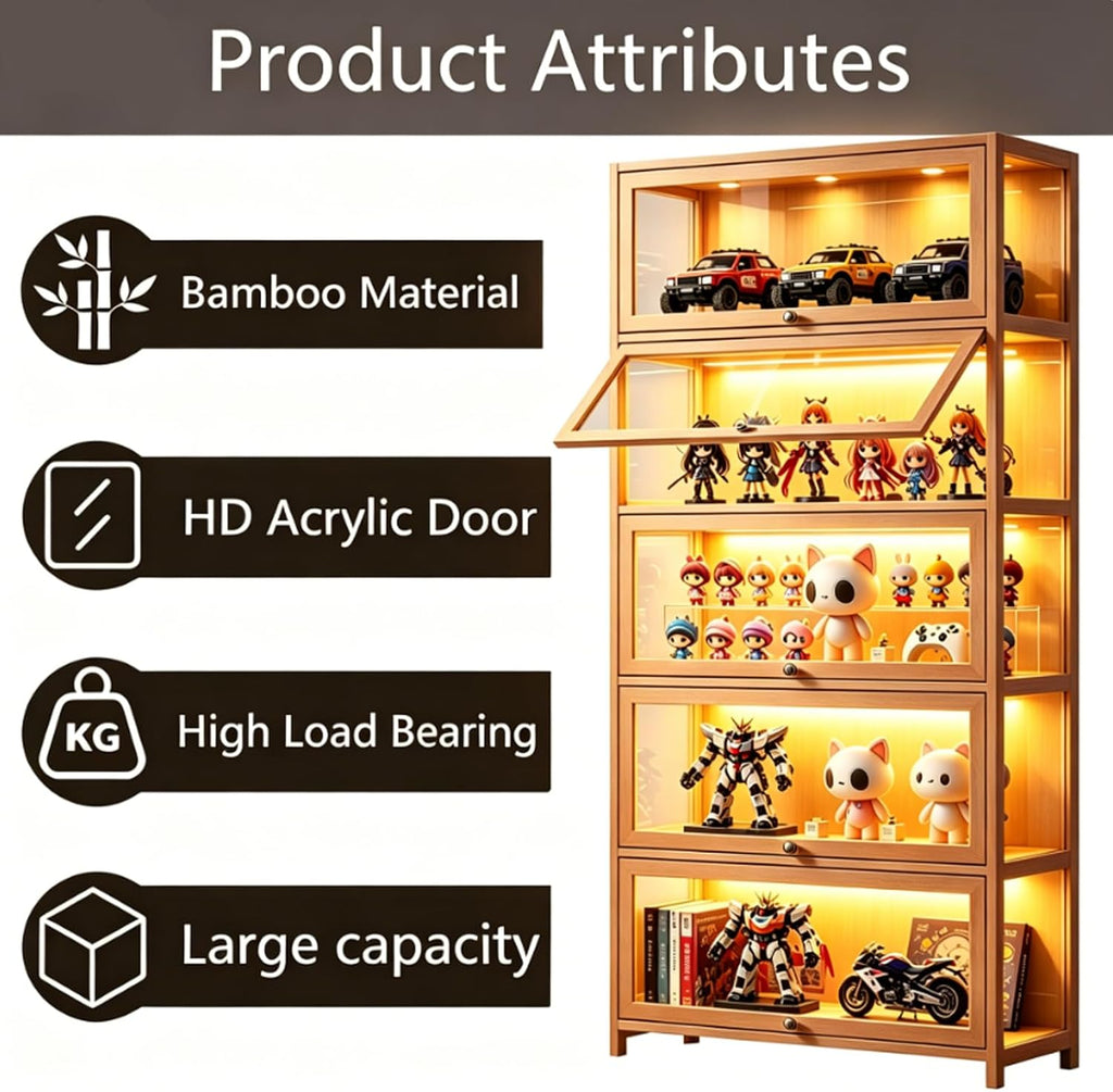 Curio Display Cabinet with Acrylic Glass Door, 5-Tier Display Case, Curio Cabinet & Bookcase for Collectibles, Display Shelf for Home, Reading Nook, Playroom, Living Room