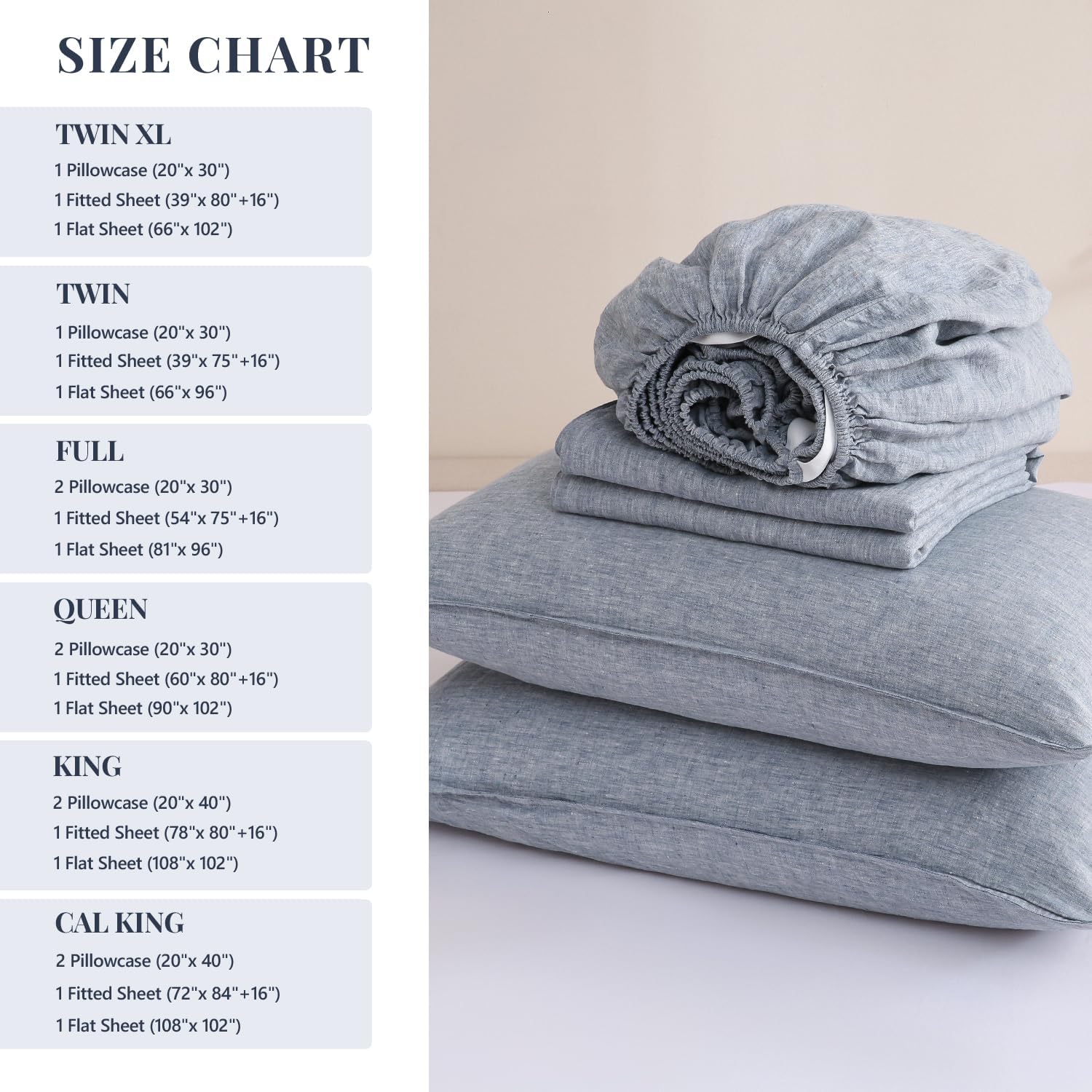 S VICTORY SYMBOL 100% Organic Linen Chambray Sheets Set Queen Size,Washed French Flax Bed Sheets 4 Pieces(2 Pillowcases,1 Fitted Sheet,1 Flat Sheet) Blue Denim,Yarn Dyed Natural Linen Bedding