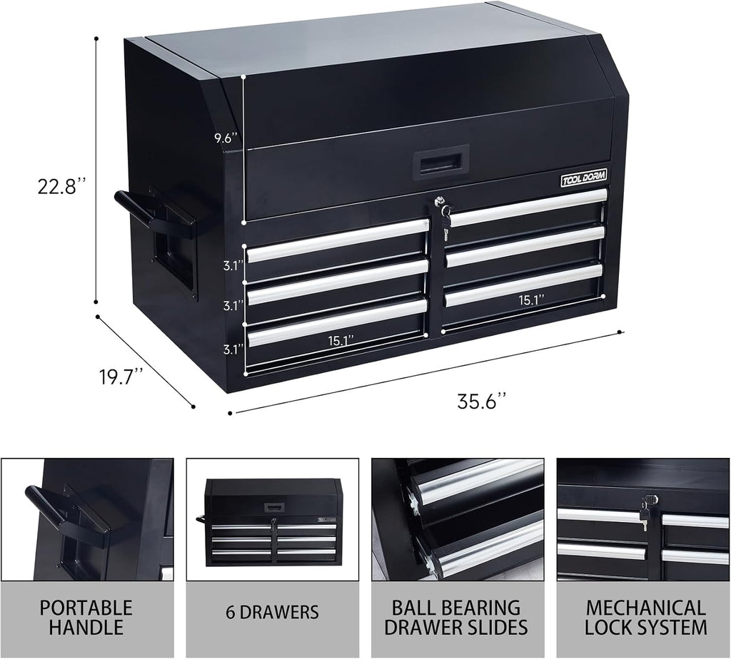 Tool Storage Cabinet, 3-Tier 6-Drawer Metal Tool Cabinet, Carry Handle, Ball Bearing Sliders, Black Powder Coating, Suitable for Garage, Warehouse, Workshop