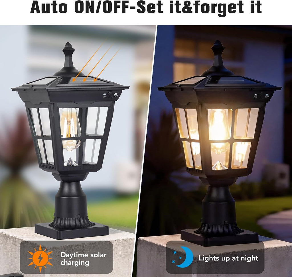 Solar Lamp Post Light, Cast Aluminium Waterproof LED Pillar Lights with Glass Outdoor Dusk to Dawn Post Light Solar Powered ST4311BQ for Pier Mount Gates Yard Pole (Black+Clear Glass)