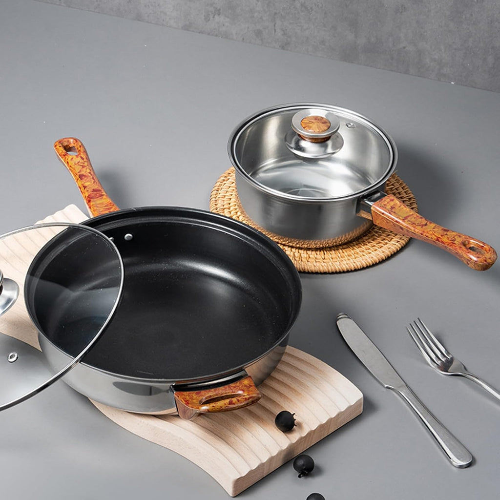 12 Piece Pots And Pans Set Non Stick Stainless Steel with Visual Lid Kitchen Induction Cookware Set with Woodgrain Handles Non-Toxic Professional Cooking Sets Compatible with All Cooktops