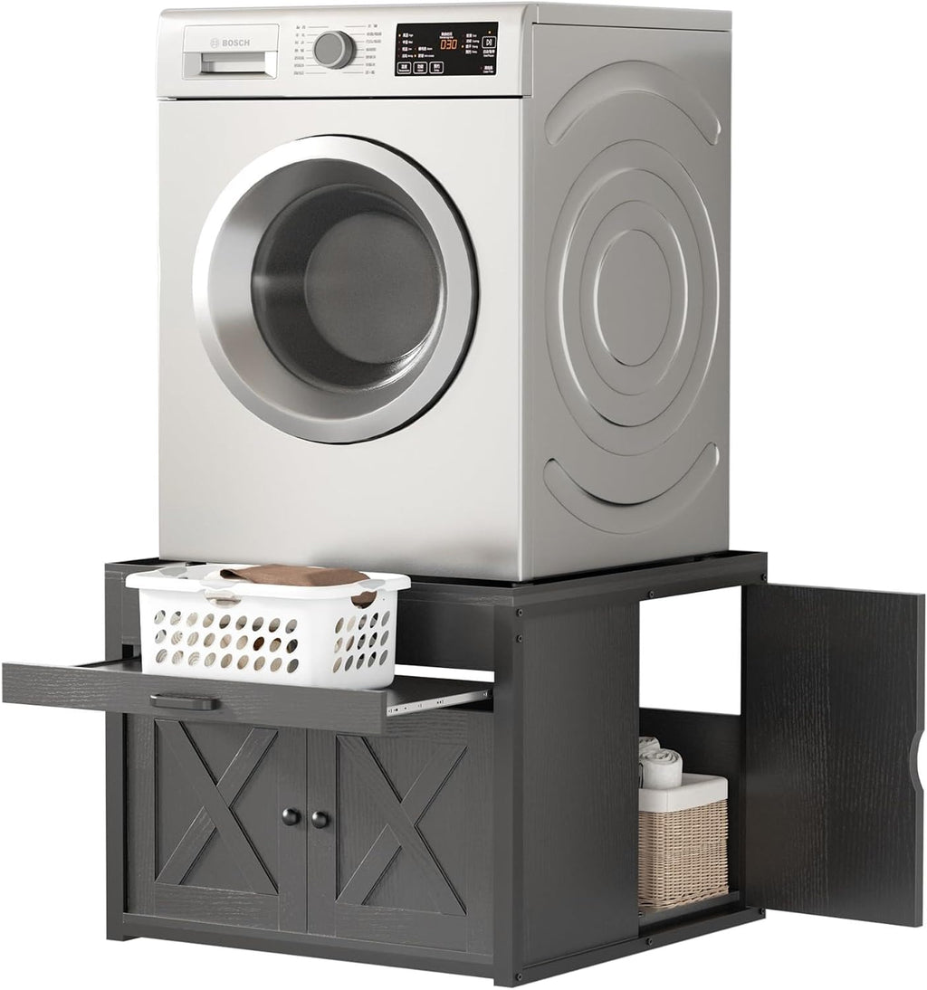 DTK Washer and Dryer Pedestals, Washing Machine Stand with Laundry Basket Shelf, Universal Fit Laundry Pedestals with Hidden Storage and Three Side Doors, 800LBS Capacity