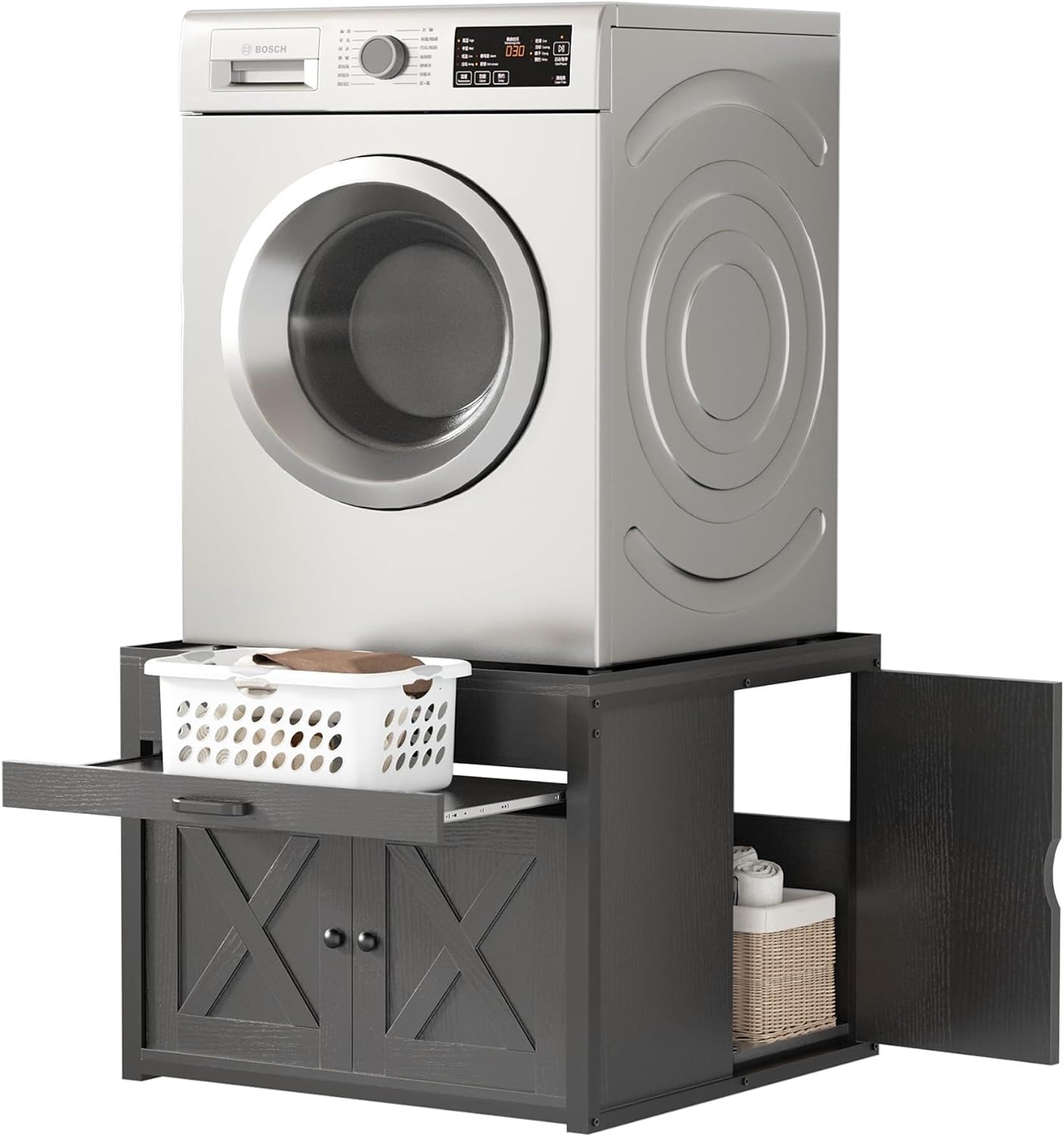 DTK Washer and Dryer Pedestals, Washing Machine Stand with Laundry Basket Shelf, Universal Fit Laundry Pedestals with Hidden Storage and Three Side Doors, 800LBS Capacity