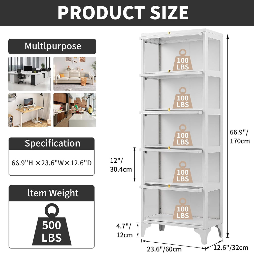 Lucky Monet 4 Tier Curio Display Cabinet with 13-Color LED Lights & Flip-Up Glass Doors, 3-Side Glass Lighted Display Case for Collectibles, Figures, Books, 55' Metal Storage Cabinet, White