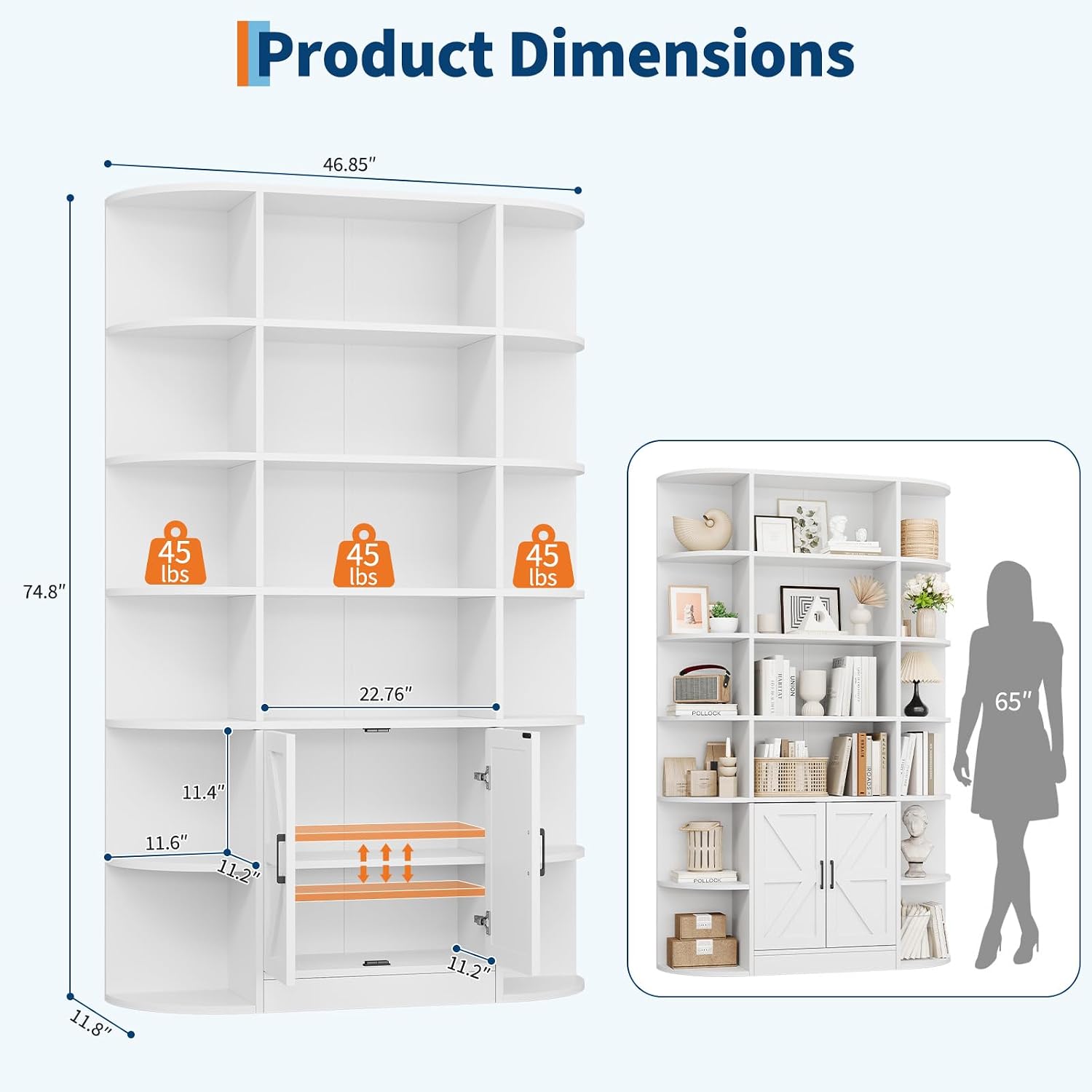 IDEALHOUSE 75in Tall Bookshelf with Storage, 6-Tier 47' Wide Modern Farmhouse Standing Bookcase Cabinet Display Shelf Organizer for Home Office Living Room Bedroom, White
