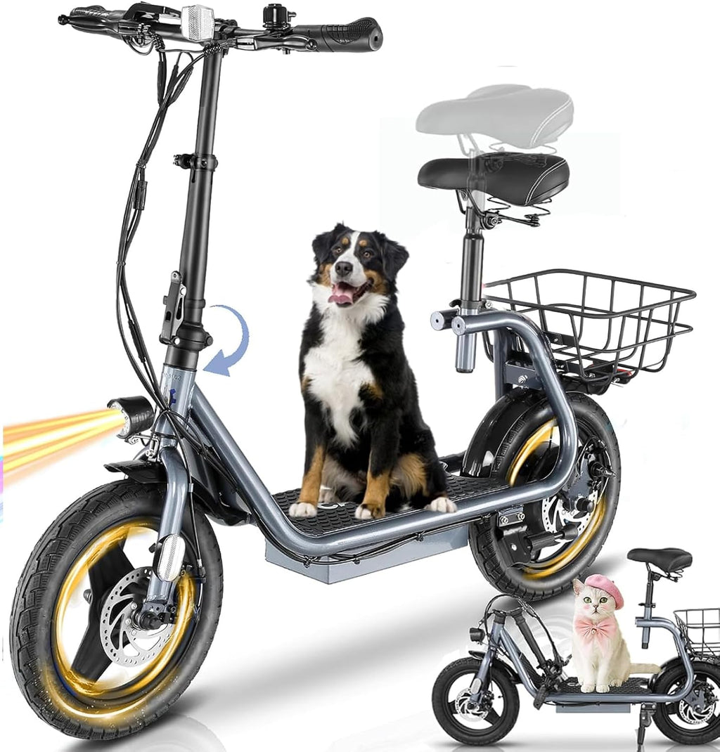 Caroma Electric Scooter with Seat for Adults, 1200W/800W Peak Motor, 30Miles Long Range & 20Mph, 14' Fat Tire Foldable E Scooter with Basket for Commuting, Grocery, Pets