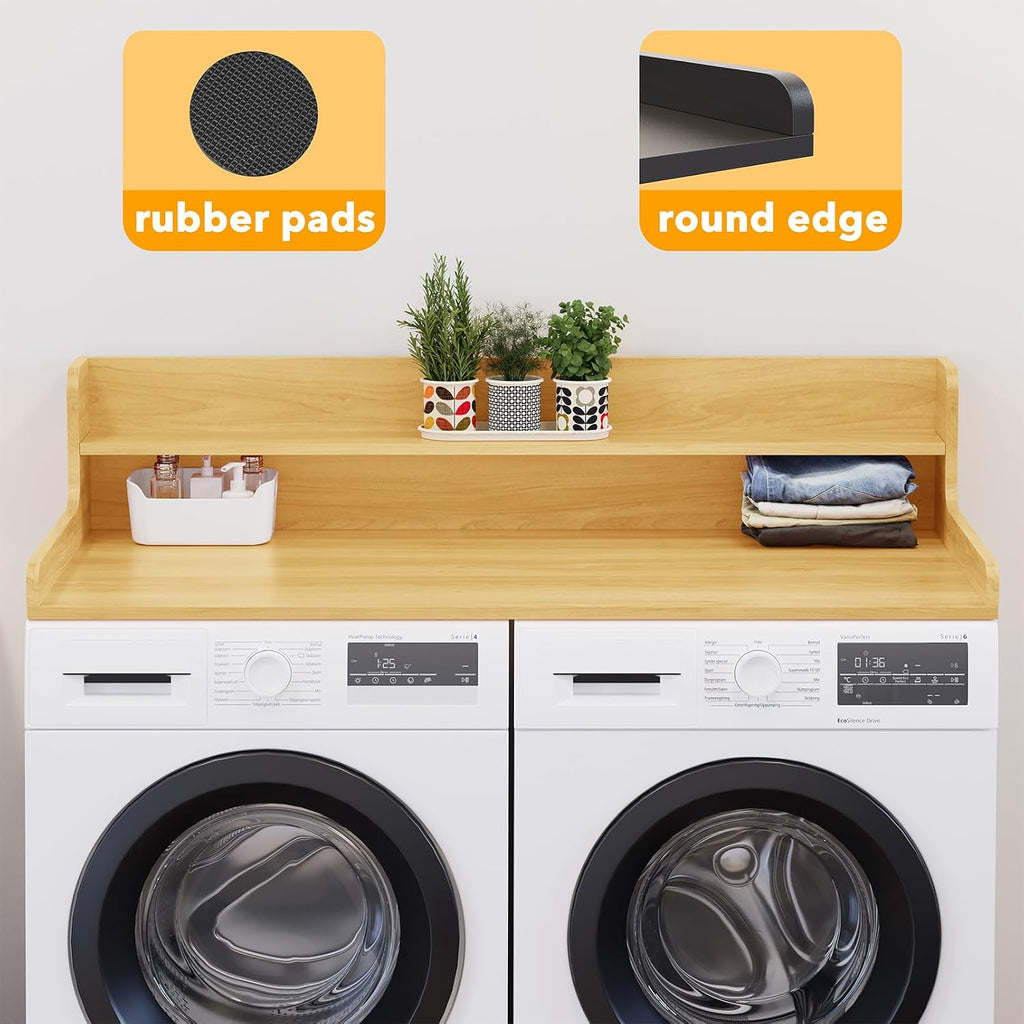 SpaceAid Washer Dryer Countertop with 2-Tier Shelf, Wood Topper with Edge, 54' Width x 27.5' Depth Cover Organizer Guard for Washer and Dryer Counter Laundry Hamper Storage (Maple Wood)