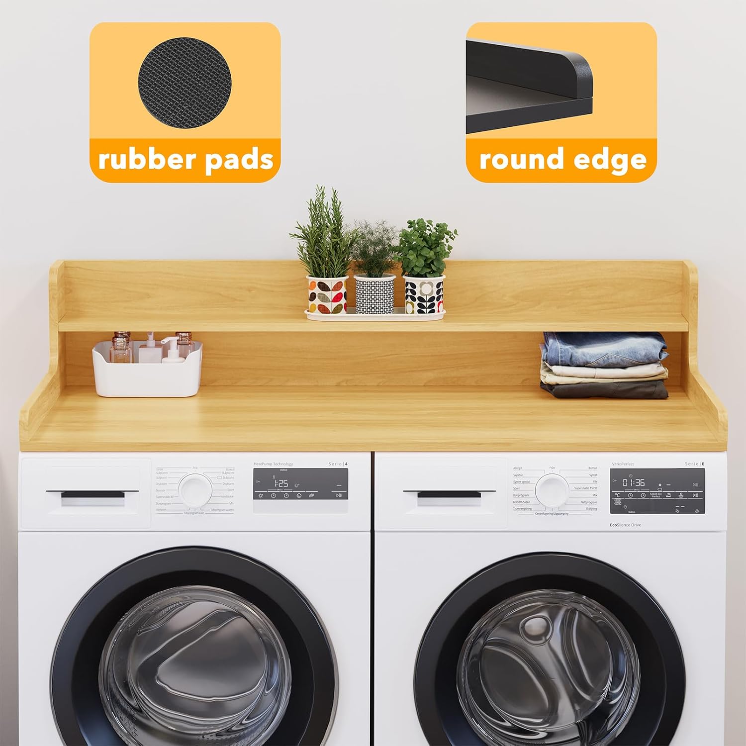 SpaceAid Washer Dryer Countertop with 2-Tier Shelf, Wood Topper with Edge, 54' Width x 27.5' Depth Cover Organizer Guard for Washer and Dryer Counter Laundry Hamper Storage (Maple Wood)
