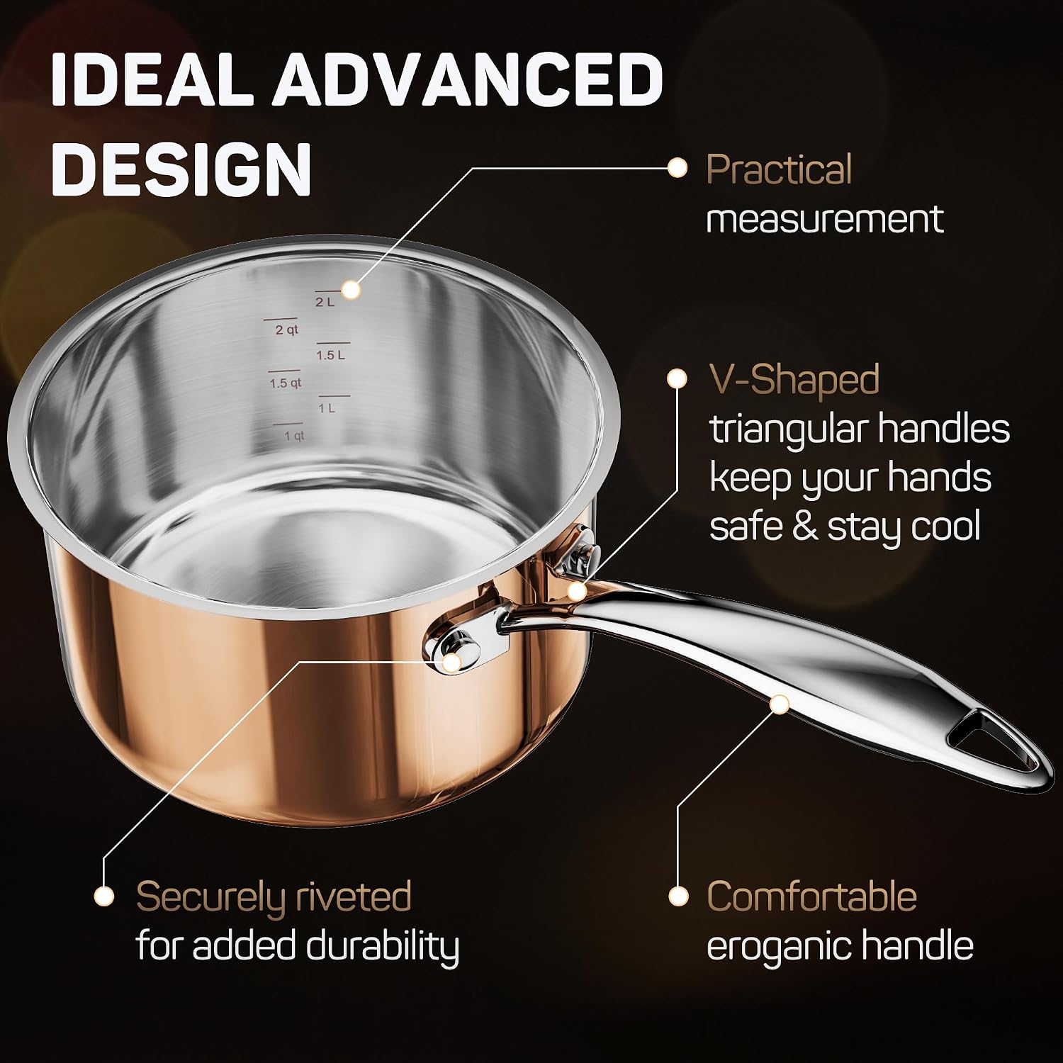 Ciwete Whole Tri-ply 18/10 Stainless Steel Cookware Set, 10 Pcs Elegant Copper Pots and Pans Set, Induction Cookware, Frying Pans, Saucepans & Stock Pot with Lid, Ideal Gift for Wedding, Housewarming