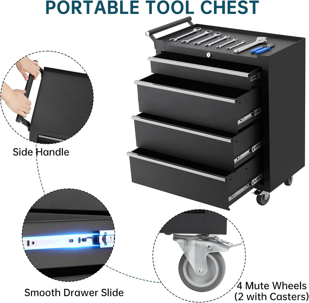 GarveeLife 4-Drawer Tool Box 24' Garage Tool Box with Key Lock and Removable Drawer Liners, Wheeled Design, Suitable for Garages, Warehouses, Workshops, and Repair Shops - Black